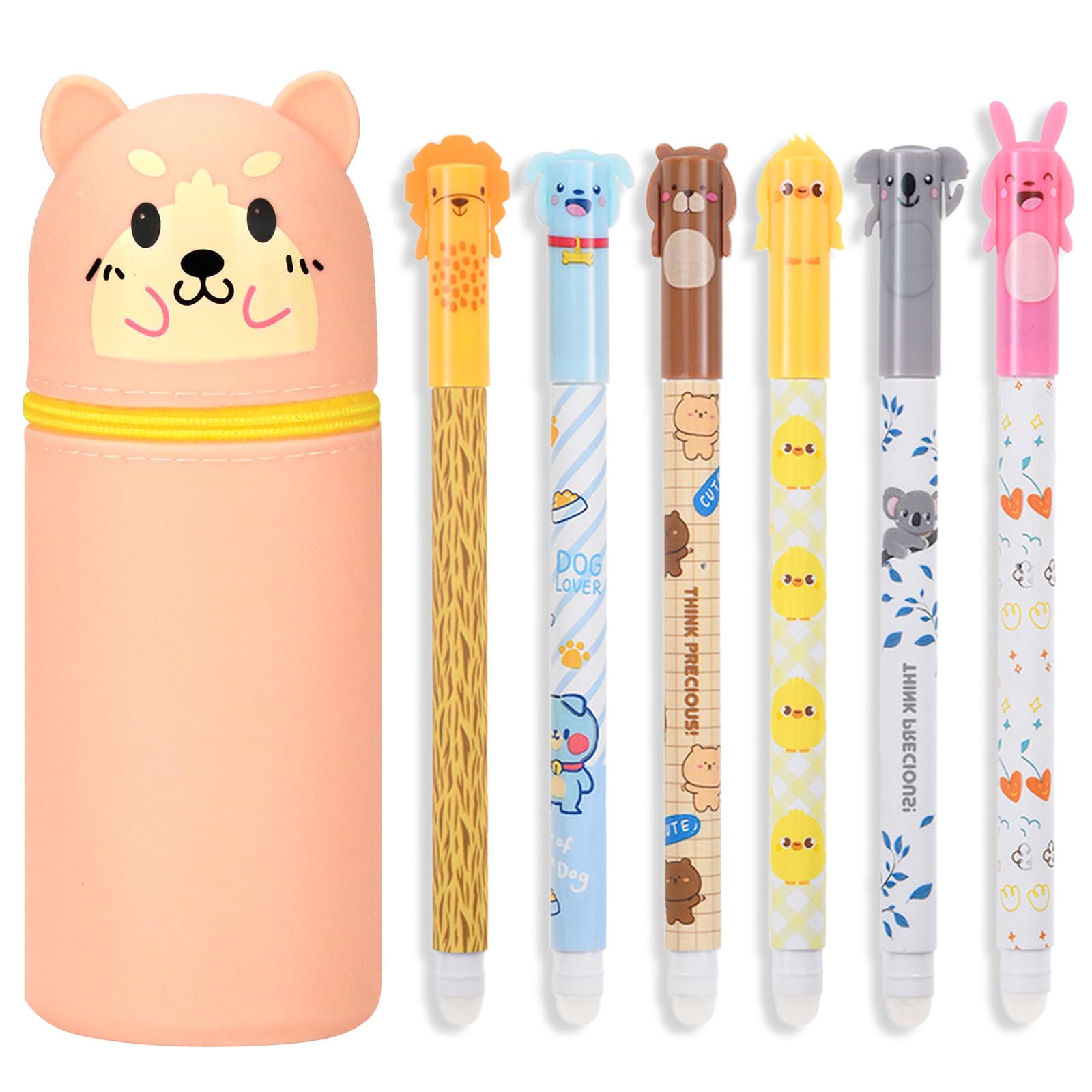 Set di penne gel cancellabili con testa di animale, 6 penne cancellabili + astuccio in silicone 2 in 1, per ragazze, cancellabile in gel da 0,5 mm, nero, portapenne, per scuola, università, ufficio