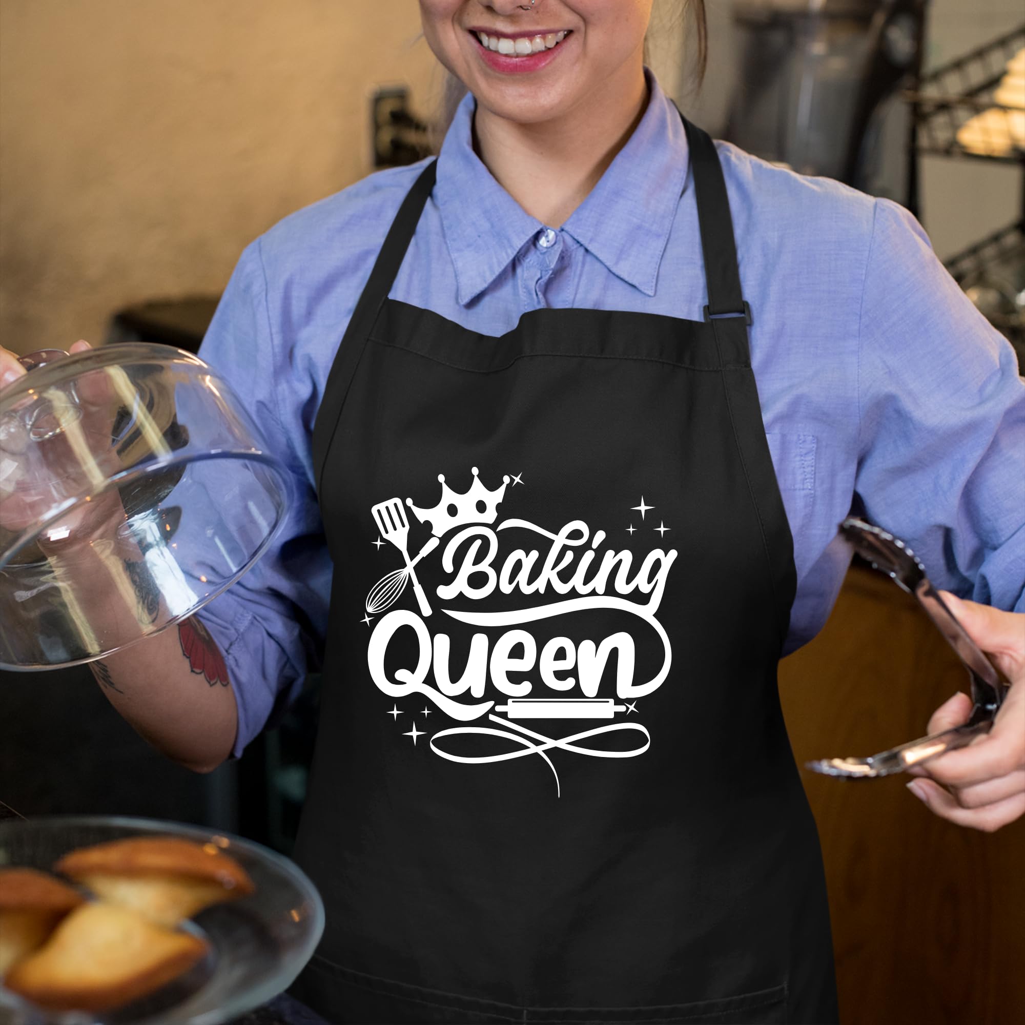 Delantales de Baking Queen para mujer, divertido delantal impreso, regalo para su chef, delantal de cocina, delantal de barbacoa, regalo para mamá, Negro, Taille unique