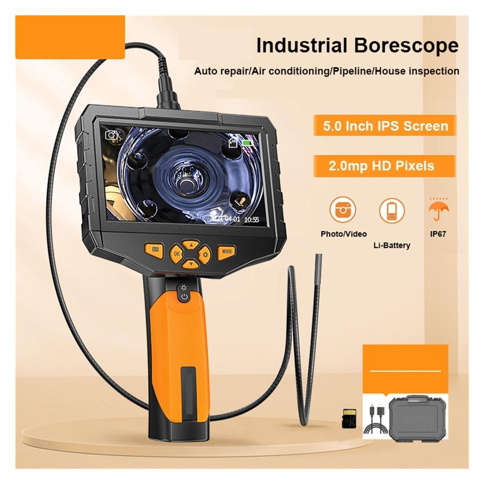 Kamera inspekcyjna endoskopu Przemysłowa Kamera Inspekcyjna 2,0 MP Do Rur Samochodowych 1080P Boroskop Z Rurką Węża Z Twardym Drutem I Kartą 32 GB(3M,12.5mm Autofocus)