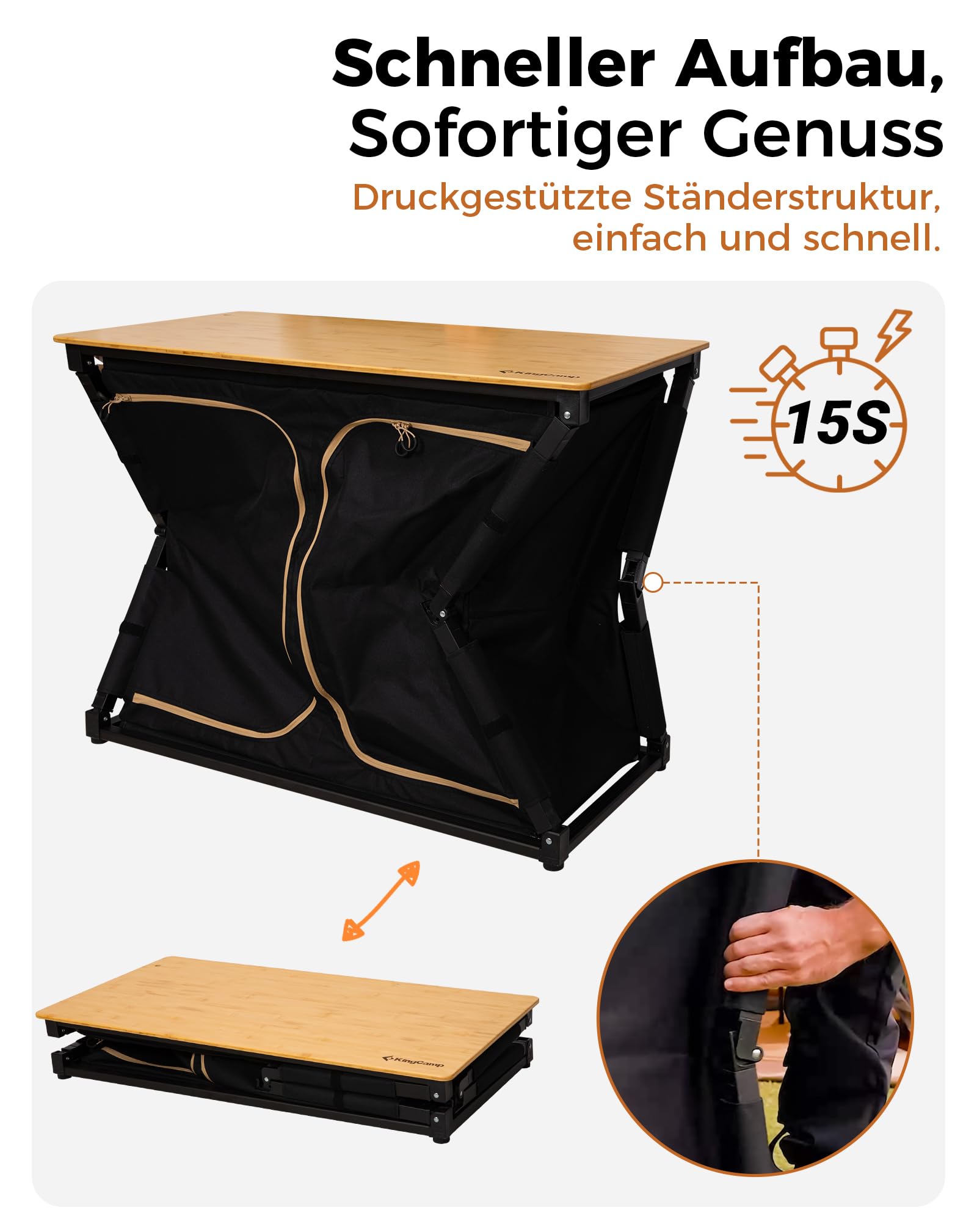 KingCamp Campingküche faltbar mit Bambus Campingschrank & Edelstahl Camping Kochgeschirr, Outdoor Küche mit Stauraum, Windschutz, Lampenhalter & Kochset für 3 Personen, ideal für Camping, BBQ&Picknick