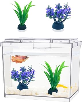 MoonOrange Mini Betta Fish Tank, Small Fish Bowl for Temporary Space, 0.2 Gallon Stackable Cube Tank with Artificial Plants and Gravels for Small Fish, Insect, Shrimp, Crab, Spider. Pack-1