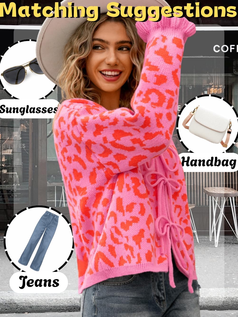 Womens 2000s Bow Cardigan, V-Neck Tie Open Front Loose, Leopard Ruffle Cuffs Knit Sweater, Cute Valentines Outfit - Image 5