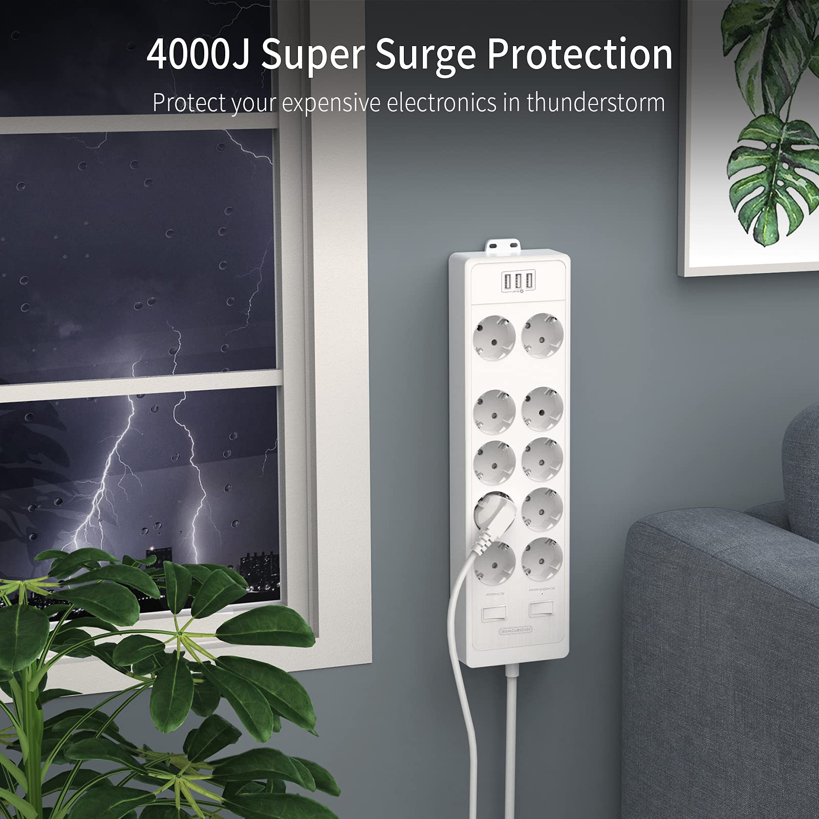NTONPOWER Regleta con Interruptor Individual, 4000W 16A, 5 Puertos de USB y 4 Tomas, Alargadora