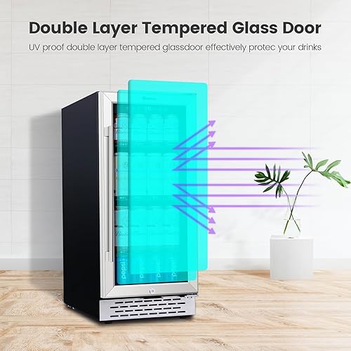 Miniatura 7 de Refrigerador de bebidas de 15 pulgadas debajo de la encimera, refrigerador de bebidas de 130 latas con puerta de vidrio templado y cerradura,