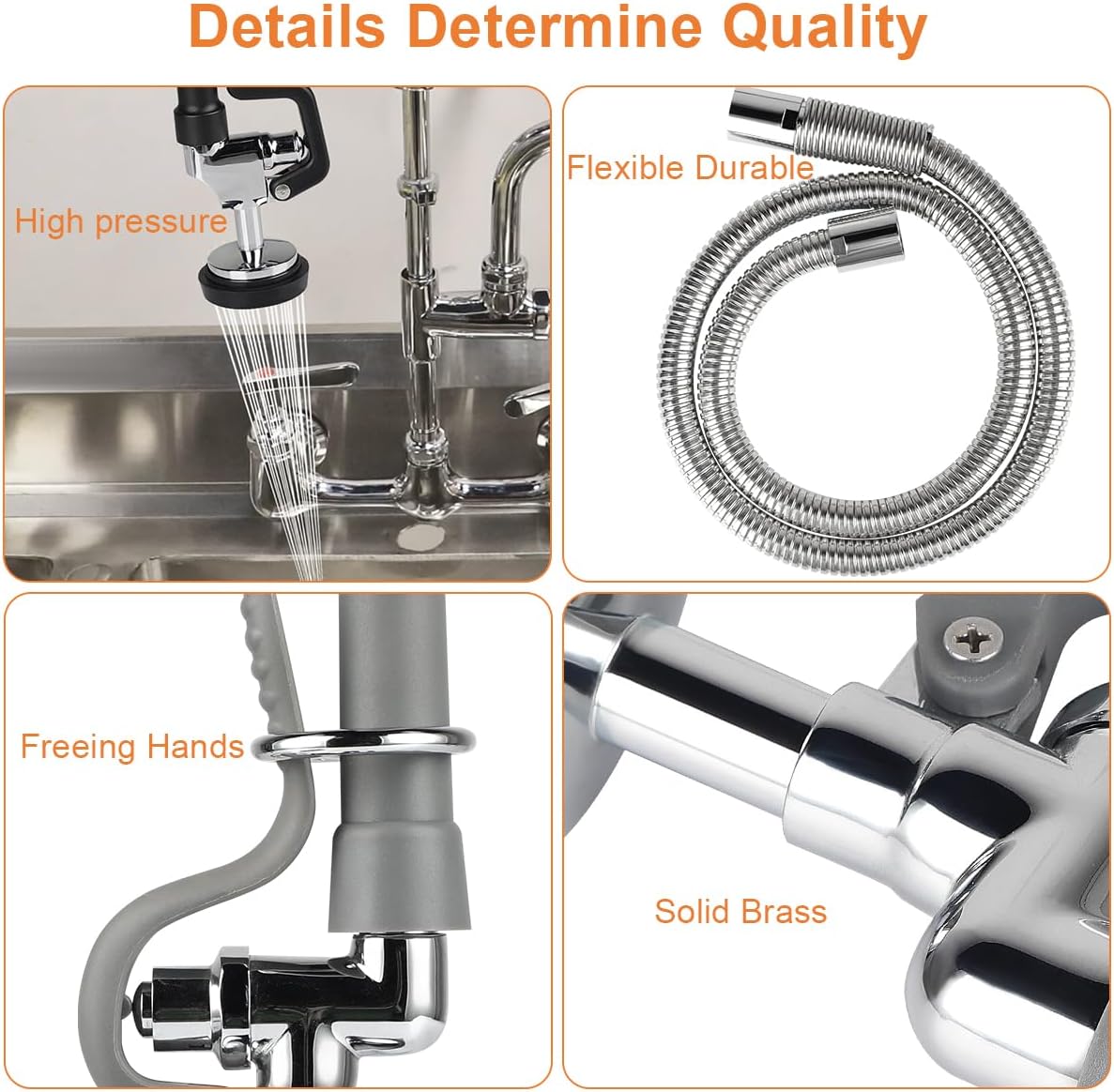 Spray Valve with Pre Rinse Hose 60" Flexible Stainless Steel Commercial Hose with 1.42 GPM High Pressure Sprayer, Replacement Kit for Commercial Kitchen Sink Faucet, Grey