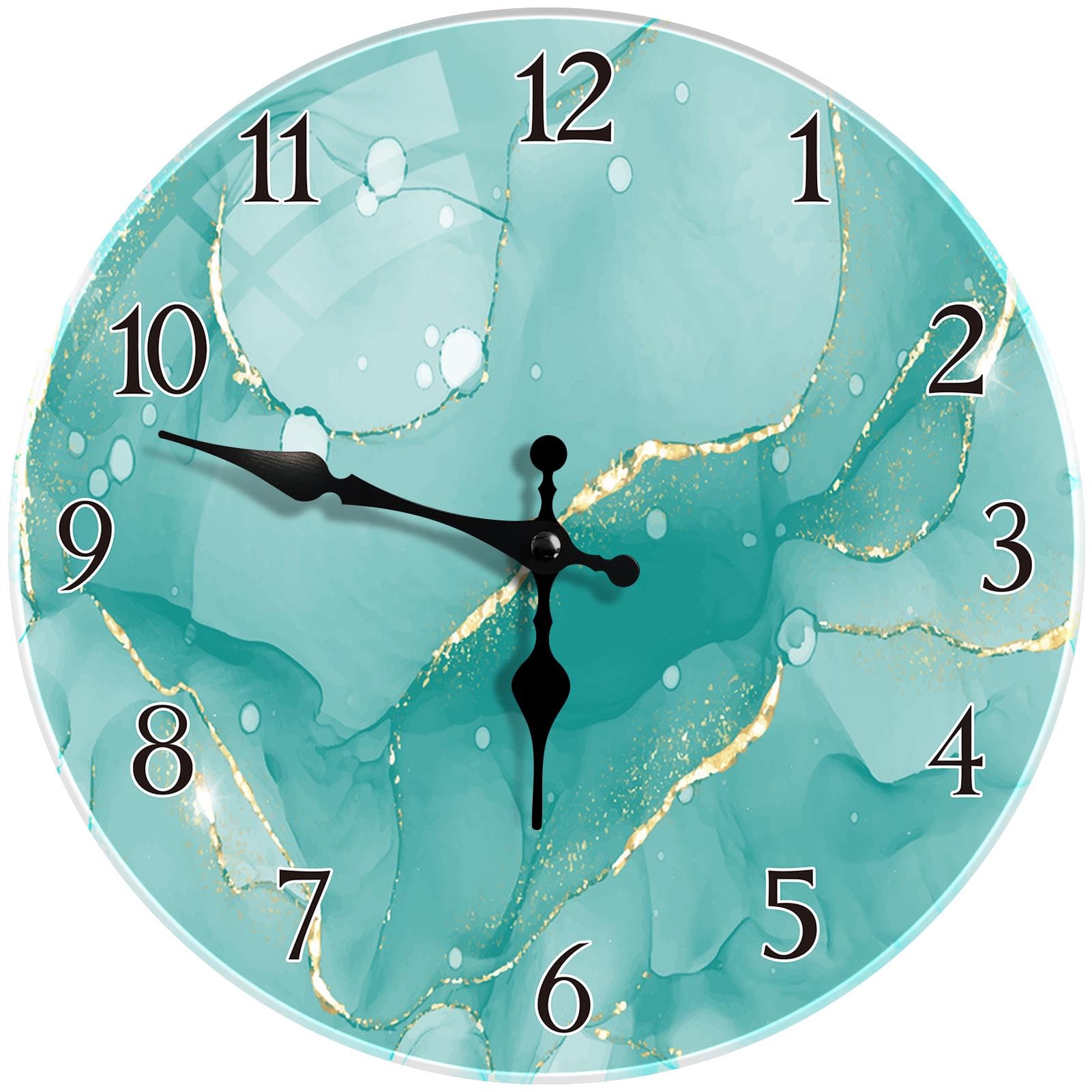 Britimes Round Wall Clock Silent Non-Ticking Battery Operated Outdoor Waterproof Glass Clock 12 Inch, Green Marble Home Decor for Living Room, Kitchen