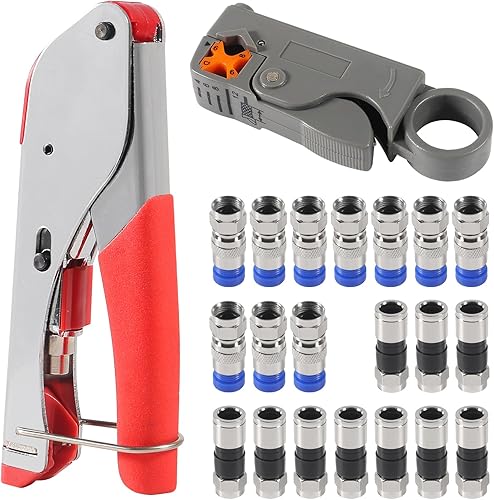 ACEIRMC Kit de crimpadora de cable coaxial para RG6 RG59 herramienta de compresión coaxial de montaje pelacables con 20 conectores de compresión F