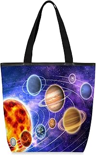 Sacolas de lona com zíper e bolso interno, bolsa de ombro feminina casual, bolsa de mão com sistema solar solar, bolsas de compras reutilizáveis para cozinha, bolsas de lona para uso para livros, sacolas de compras, sacolas de presente, Multicor