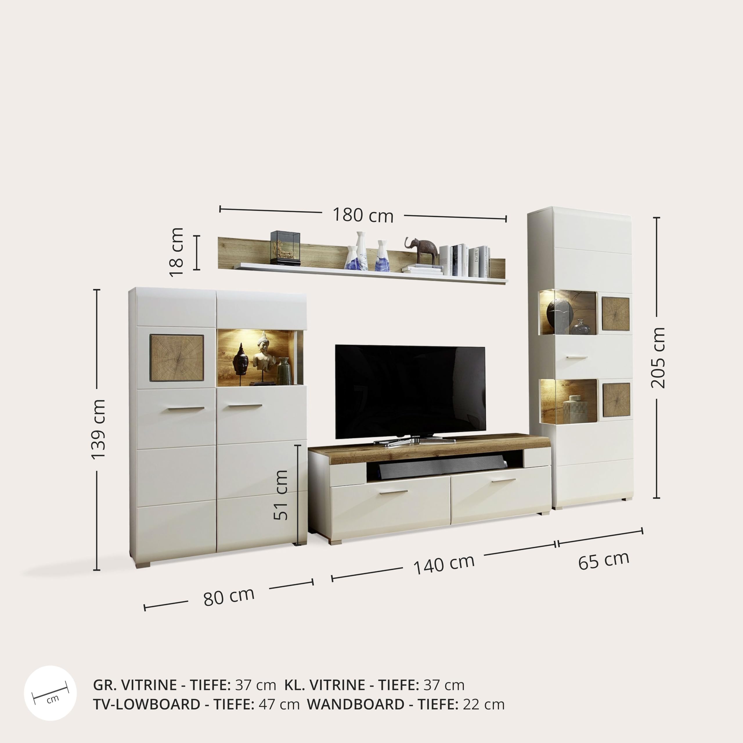 Stella Trading Fun Plus Wohnwand Komplett-Set mit schönen Hirnholz-Applikationen & Eiche Dekor - Moderne Schrankwand für Ihr Wohnzimmer - 325 x 205 x 47 cm (B/H/T)