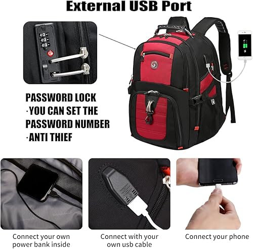 Miniatura 26 de Shrradoo Mochila de viaje extragrande para laptop, 52 litros, con puerto de carga USB, para portátiles de 17 pulgadas, para hombres y mujeres
