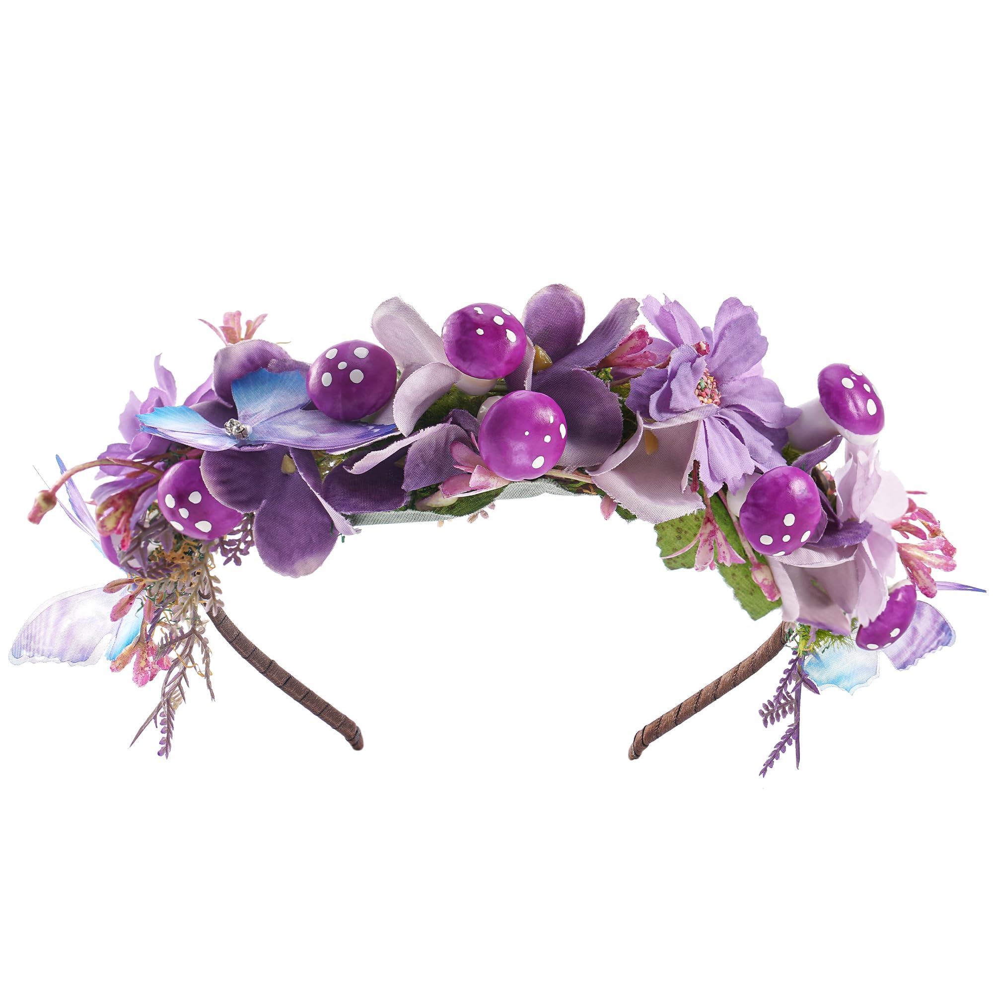 CoTeeZa Mushroom Butterfly Fairy Crown - Fantasy Woodland Headband Renfaire Forest Headpiece Floral Elf Hairband for Women Renaissance Halloween