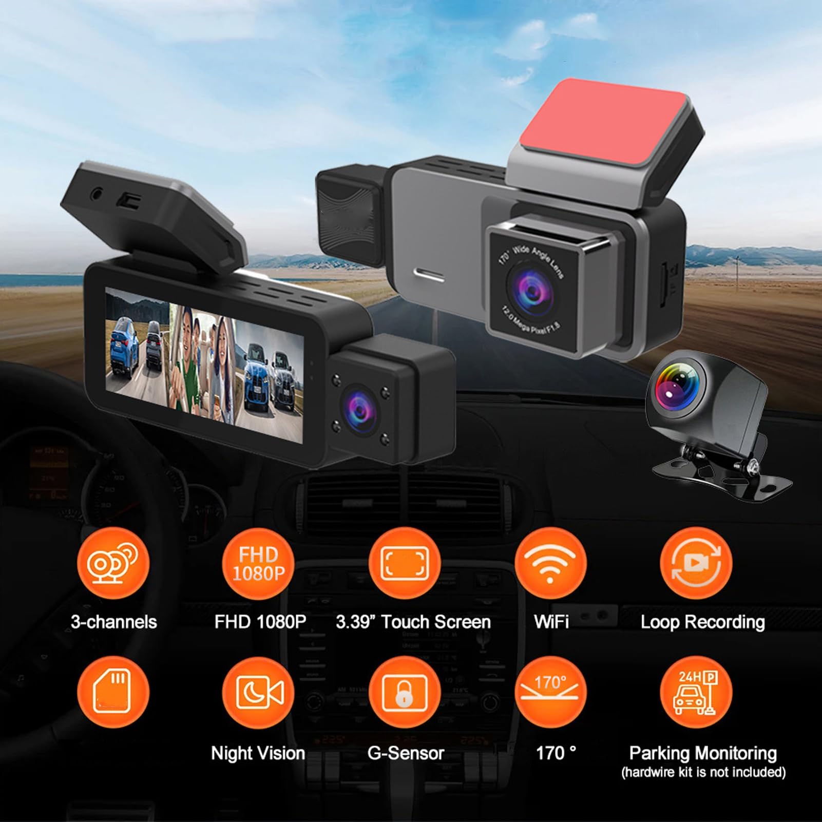 Dash Cam a 3 con Visione Notturna e Registrazione in Loop per un Monitoraggio Efficiente della Sicurezza 'auto HD 1080P