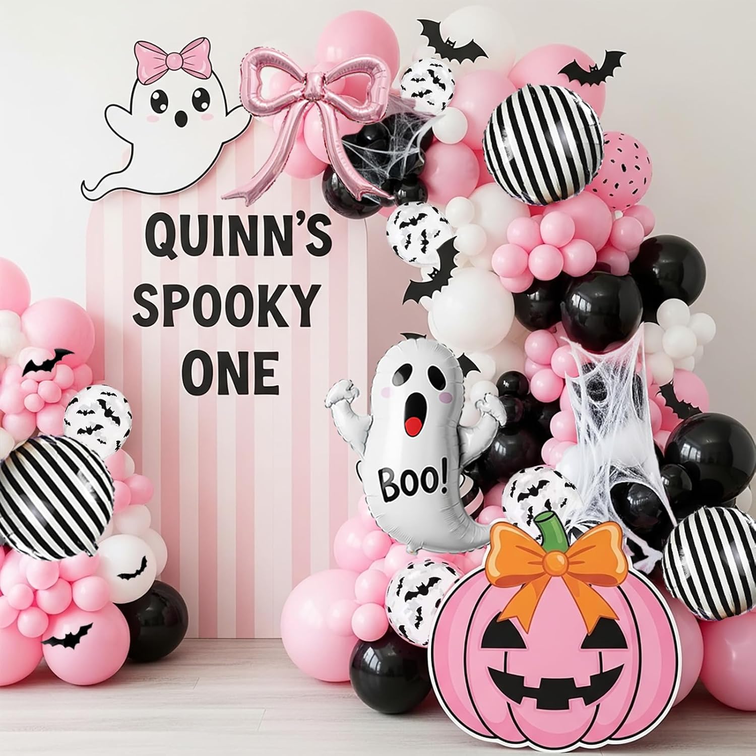 Spooky Halloween Balloon Garland Arch Kit Pink Black Balloons with 3D Bat Ghost Foil Balloons Spider Web for Girls Halloween Birthday Baby Shower BOO Day Party Decorations - Image 4