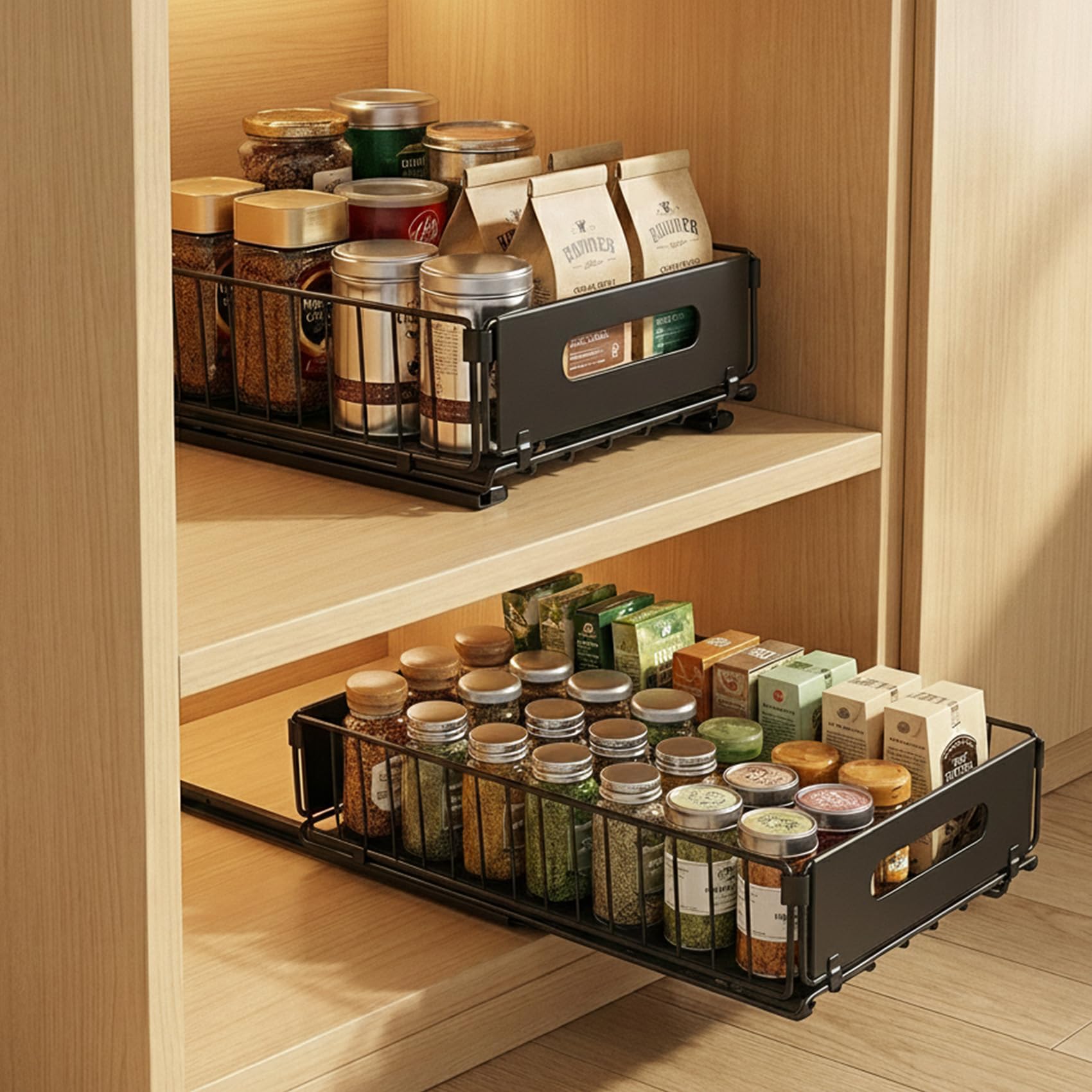 Micvtve Black 2 Pcs Pull Out Cabinet Organiser Foldable, Slide Out Drawer Storage Shelves Cupboard Organiser, Pull Out Shelf Kitchen Storage Drawer For Kitchen Cupboard, Bathroom (, 24.5 * 37.5 * 10Cm)