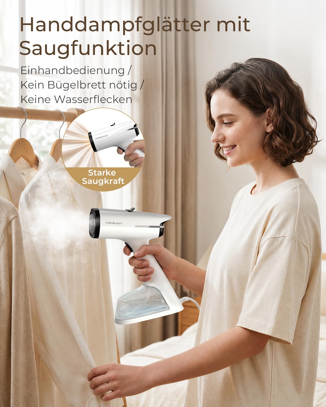HOMEASY Dampfglätter mit Saugfunktion für Kleidung 6000Pa Vakuum Technologie 25s Schnellaufheizung 2 Dampfstufen 270ml Wassertank Handdampfglätter für Zuhause Reisen Hemden Anzüge