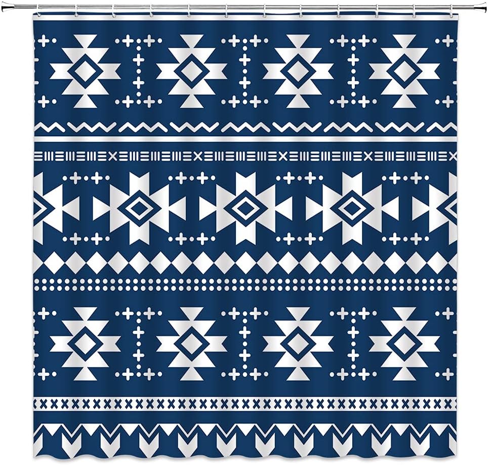 Boho Geometric Shower Curtain Blue White Aztec Modern Farmhouse Tribal Retro Western Abstract Mid Century Fabric Bathroom Decor Curtain with Hooks