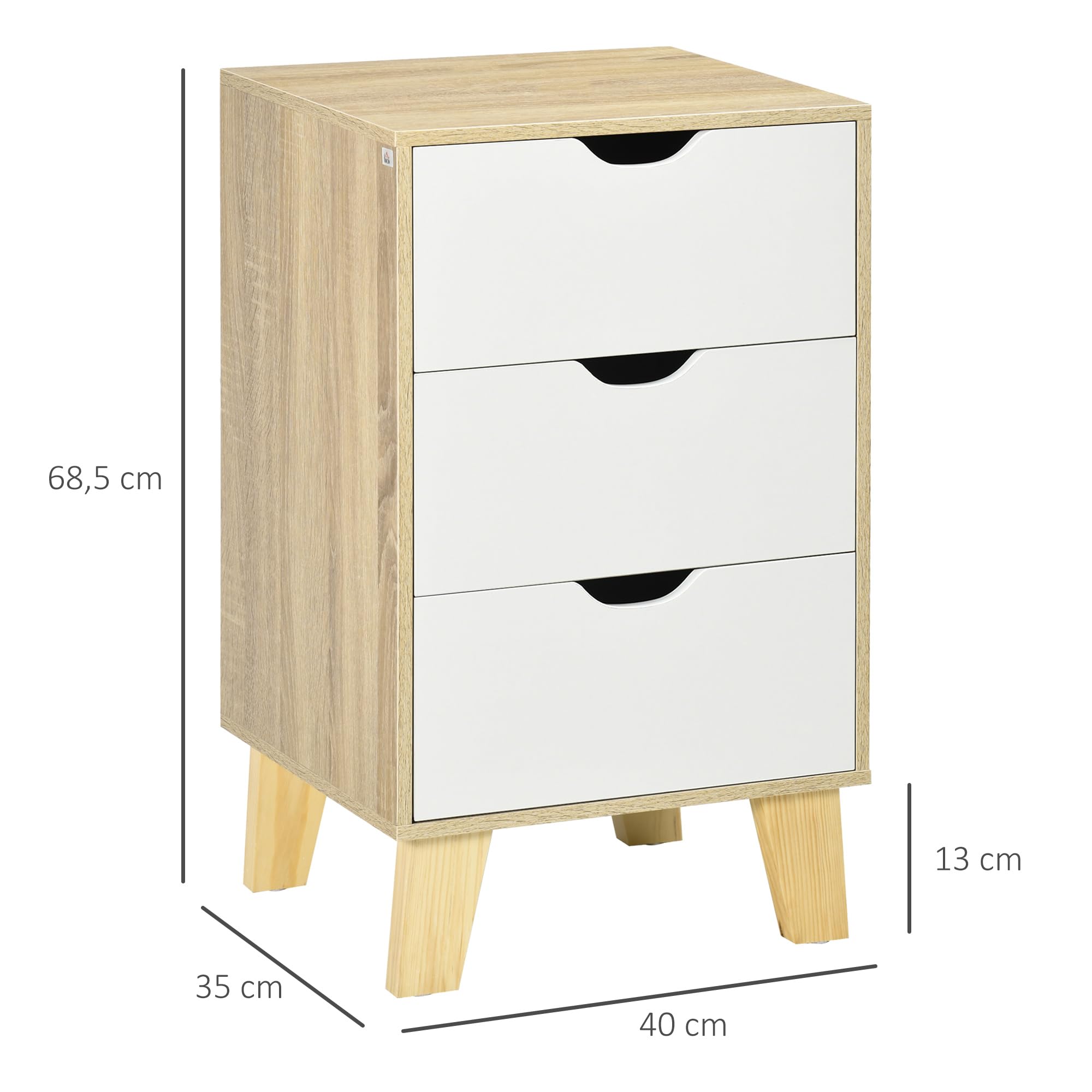 HOMCOM Cómoda con 3 Cajones Base Elevada 40x35x68,5 cm Natural y Blanco