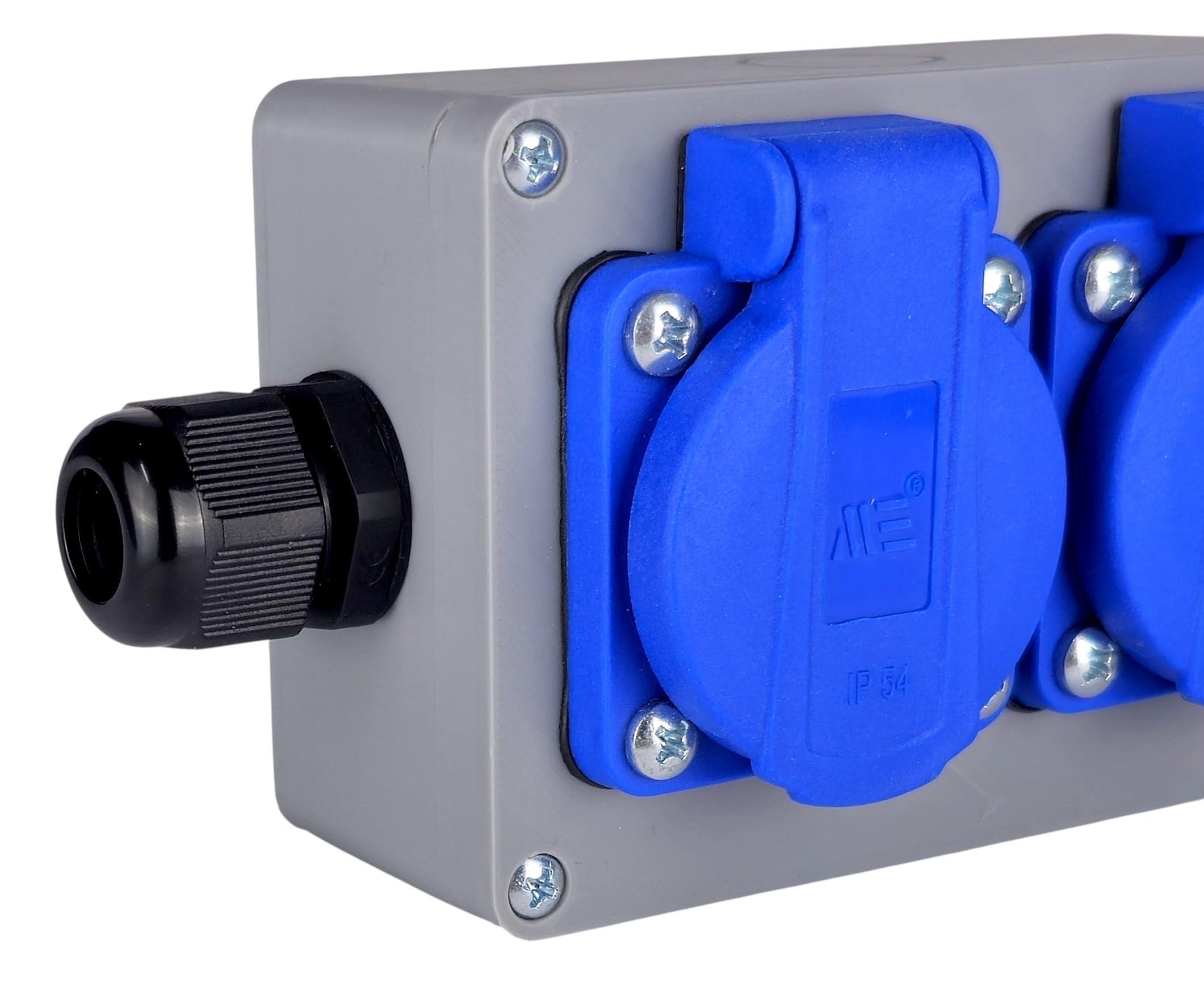 RoadEu Bloc Multiprise IP44 Saillie | 4 Prises Françaises 2P+T 230V/16A | Boîtier de Distribution Pré-câblé avec Presse-étoupe PG13,5 | Répartiteur de Chantier pour Garage, Atelier & Extérieur Couvert