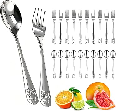 20 Piece Stainless Steel Silverware Set Silver Silverware Safe Flatware Includes 10 Small Spoons and 10 Forks Ergonomic Utensil Set Cartoon Bear Flatware Dishwasher Safe