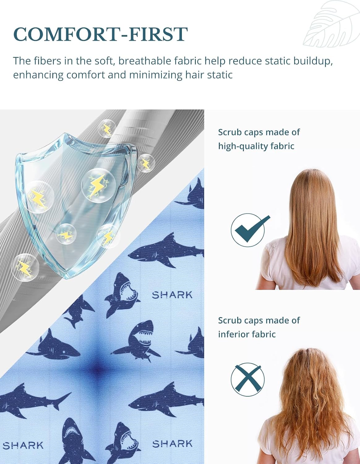 Dark Blue Shark Double-Sided Printed Scrub Caps for Men with Buttons, Adjustable Helps Reduce Static Buildup Medical Hats, Breathable Surgical Caps with Sweatband for Long Hours