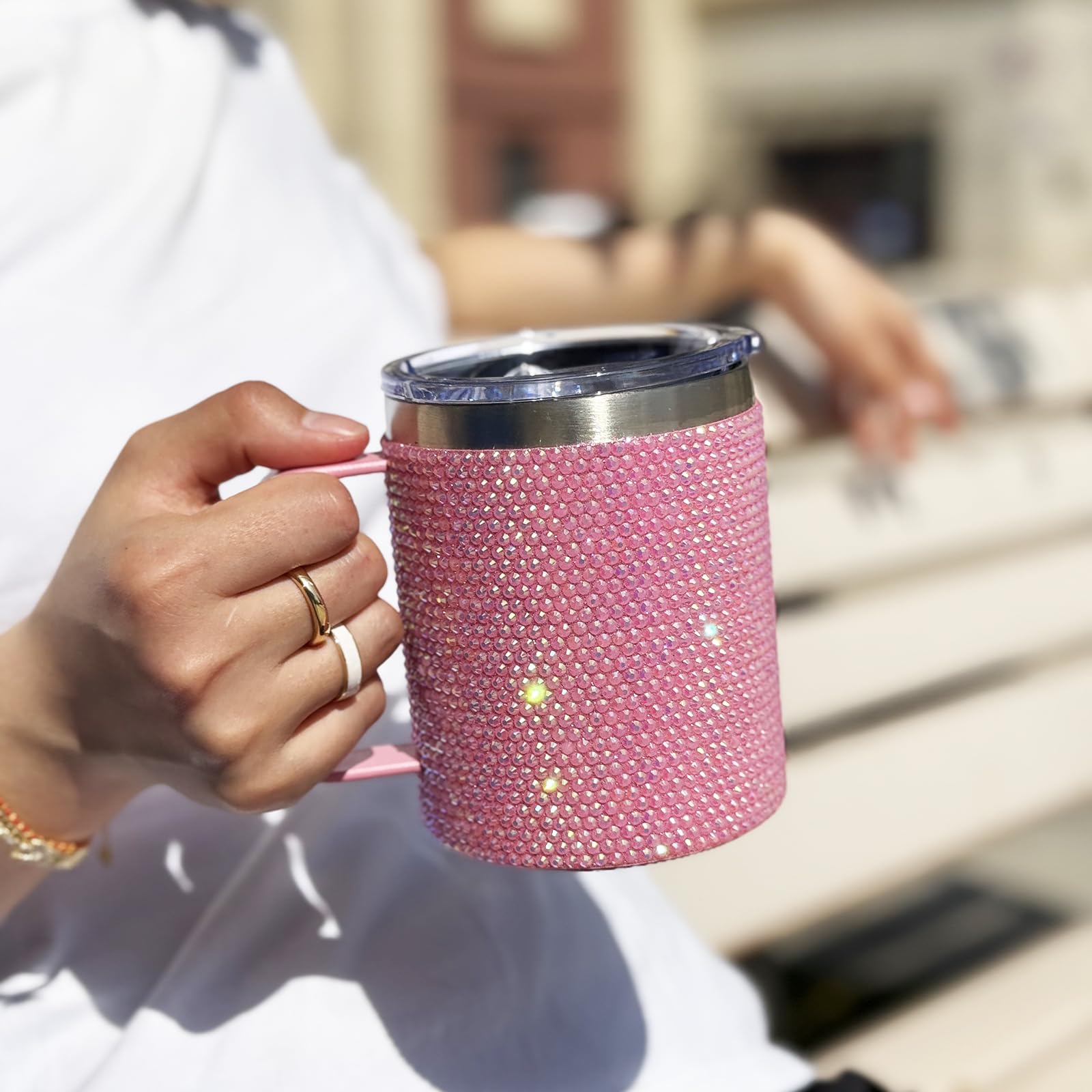 Taza de café de viaje de 12 onzas con asa y tapa, taza de café aislada con diamantes de imitación, de acero inoxidable, reutilizable, con purpurina, taza térmica para el hogar y la oficina