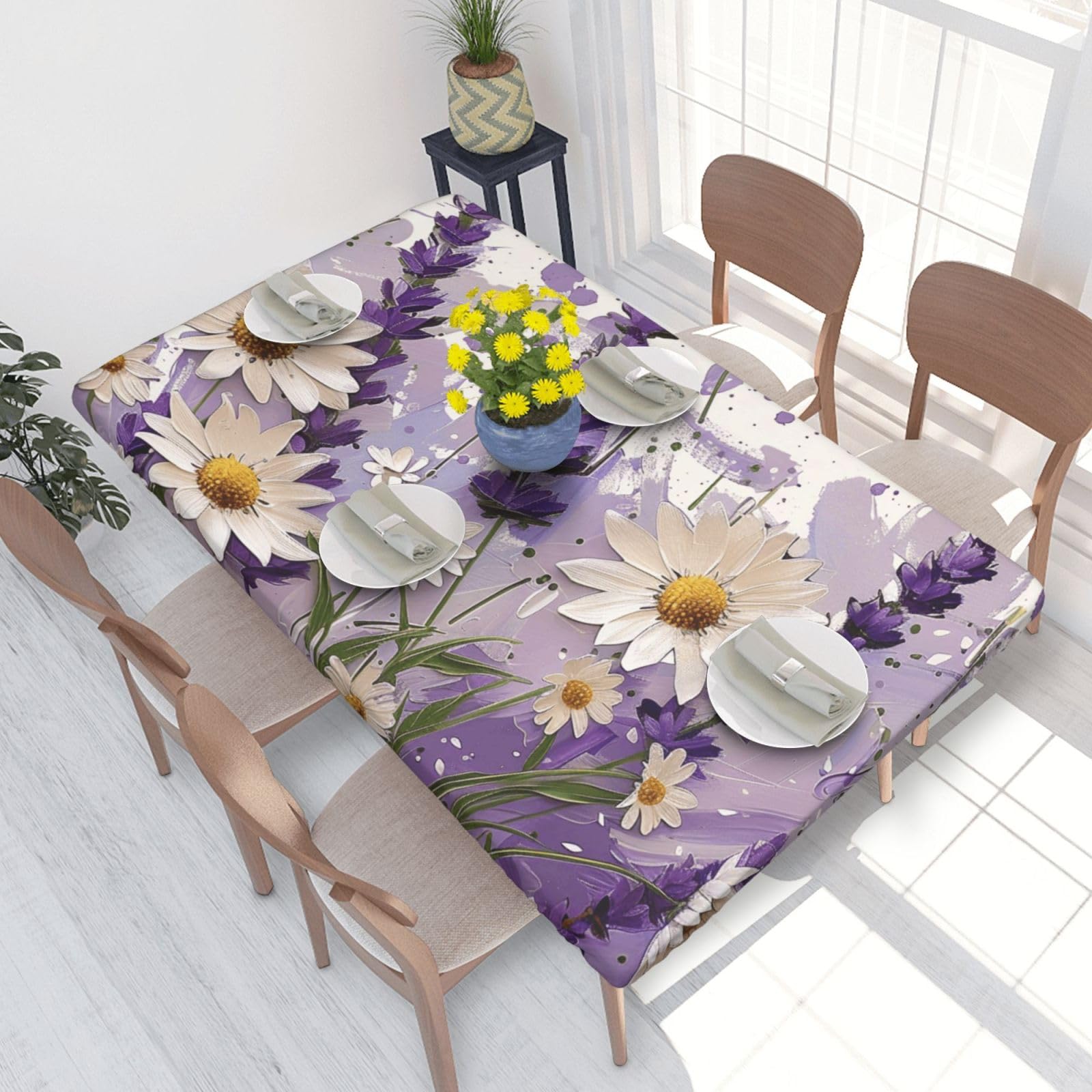 DCARSETCV lavender and daisies Printed 4FT Waterproof Tablecloth with Elastic Edged Protect & Decor Your Table, Oil-proof Washable Table Cloth Cover for Dinner Picnic Party