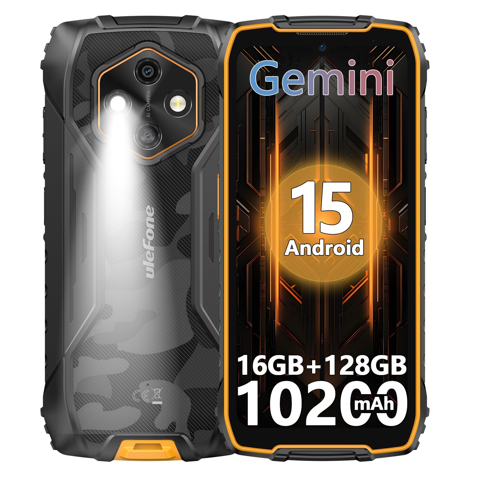 Ulefone RugKing 4 Pro Movil Resistente, 10200mAh 16GB+128GB/SD-2TB Android 15 AI Smartphone 6,56” 120Hz Teléfono, Octa-Core Cámara 48MP+8MP, 120LM Super Torch/3-Slots/IP68/IP69K/OTG/NFC/GPS Naranja