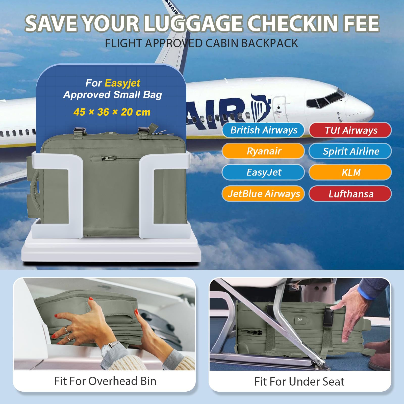 SZLX Zaino Ryanair 40x20x25 Bagaglio a Mano Donna Zaino da Viaggio con Porta USB Borse da Cabina per Easyjet 45x36x20 Zaino per Computer Portatile Impermeabile Borsa da Viaggio Uomo Travel Backpack