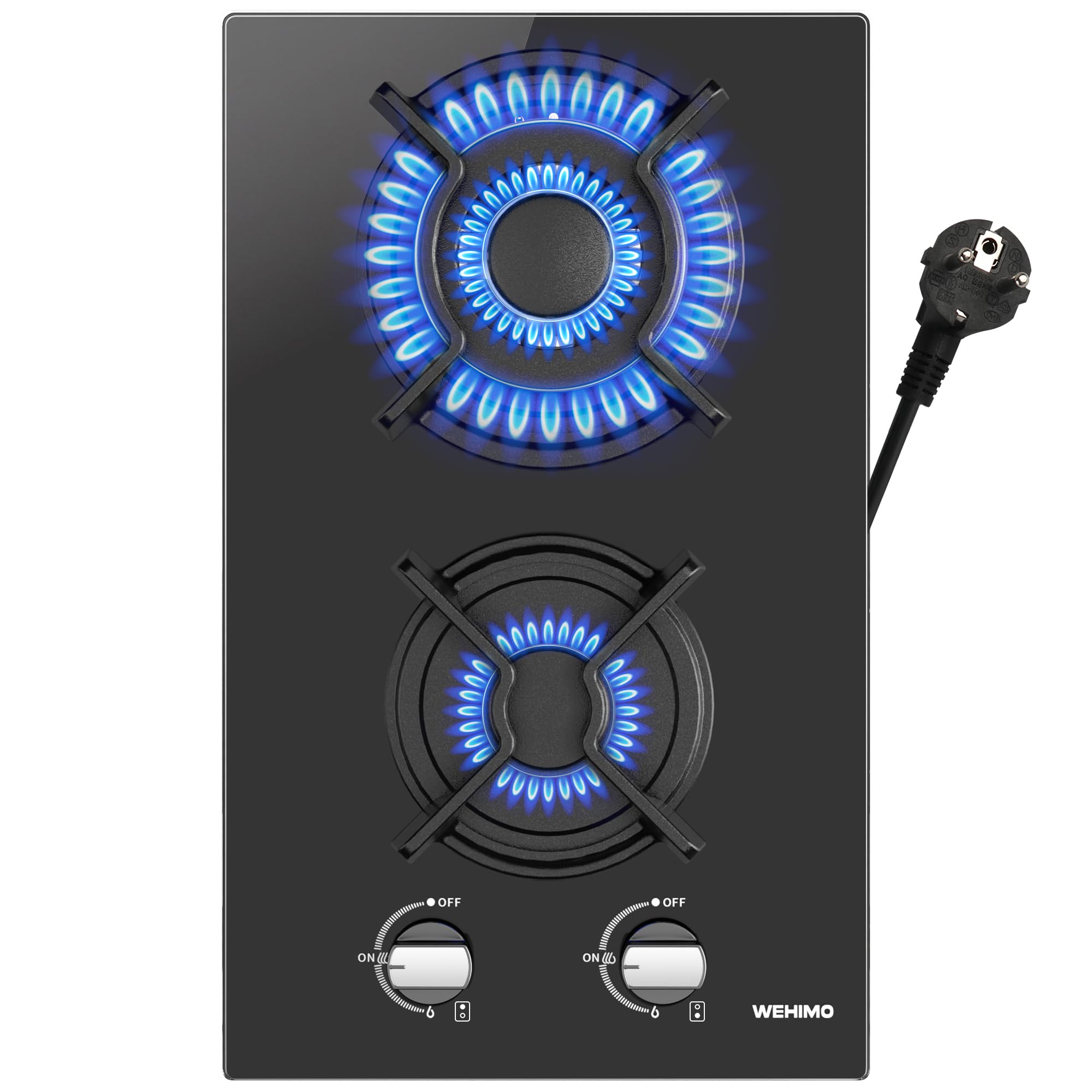 WEHIMO Placa de Gas 2 Fuegos, Placa Gas Butano 31 cm, 4300 W, Cristal Negro