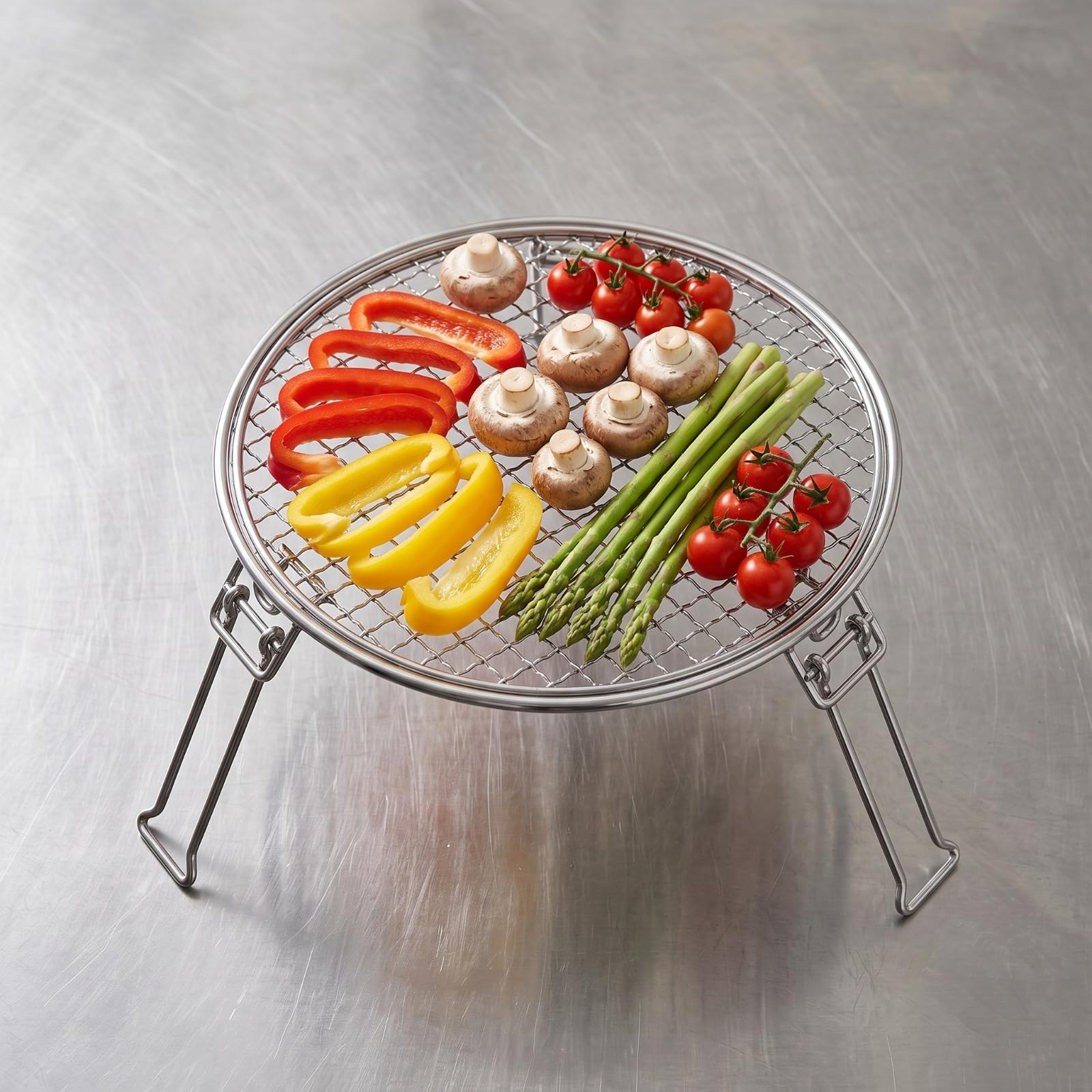 Outdoor Folding Grill Griglia da Campo Pieghevole Tonda Graticola Portatile con Gambe Collassabili Struttura Compatta Acciaio Inox Superficie