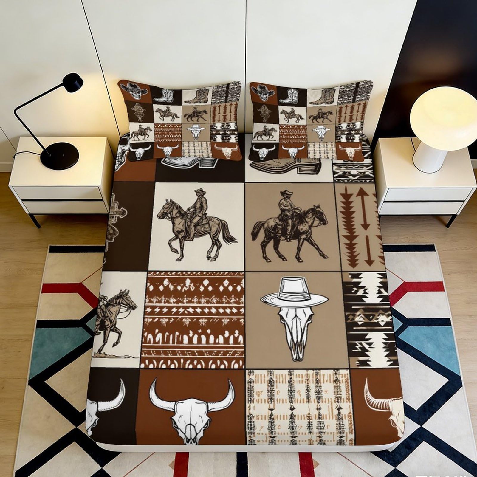 3D Printed Western Cowboy Fitted Sheet Microfiber Soft Brown Ranch Skull Mattress Cover for Bedroom Guest Room Decor 90x200x25cm