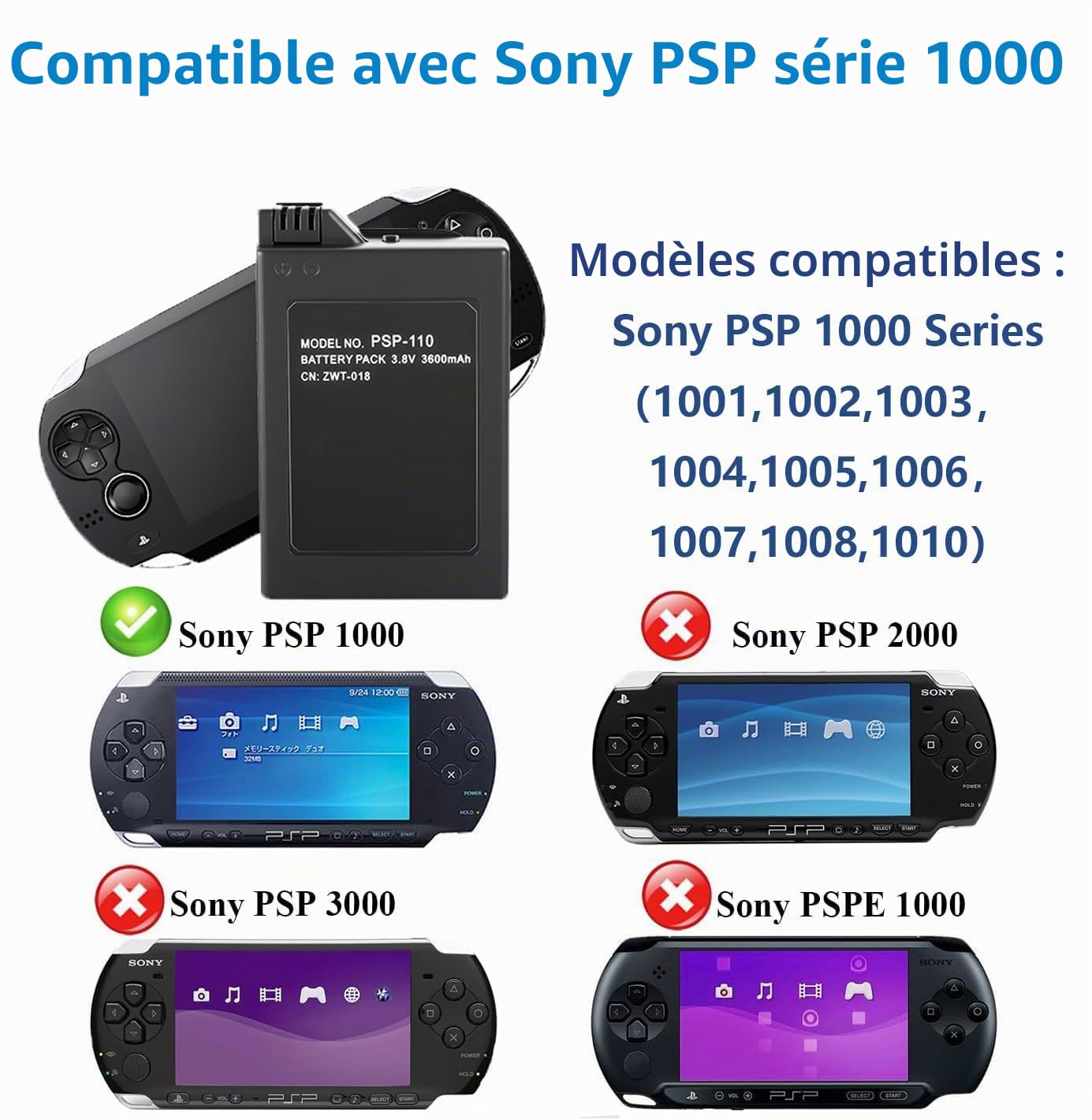 Queen.Y Batterie Rechargeable 3600mAh 3.6V Li-ION Haute Capacité Batterie de Remplacement PSP1000 pour Contrôleur Sony PSP 1000