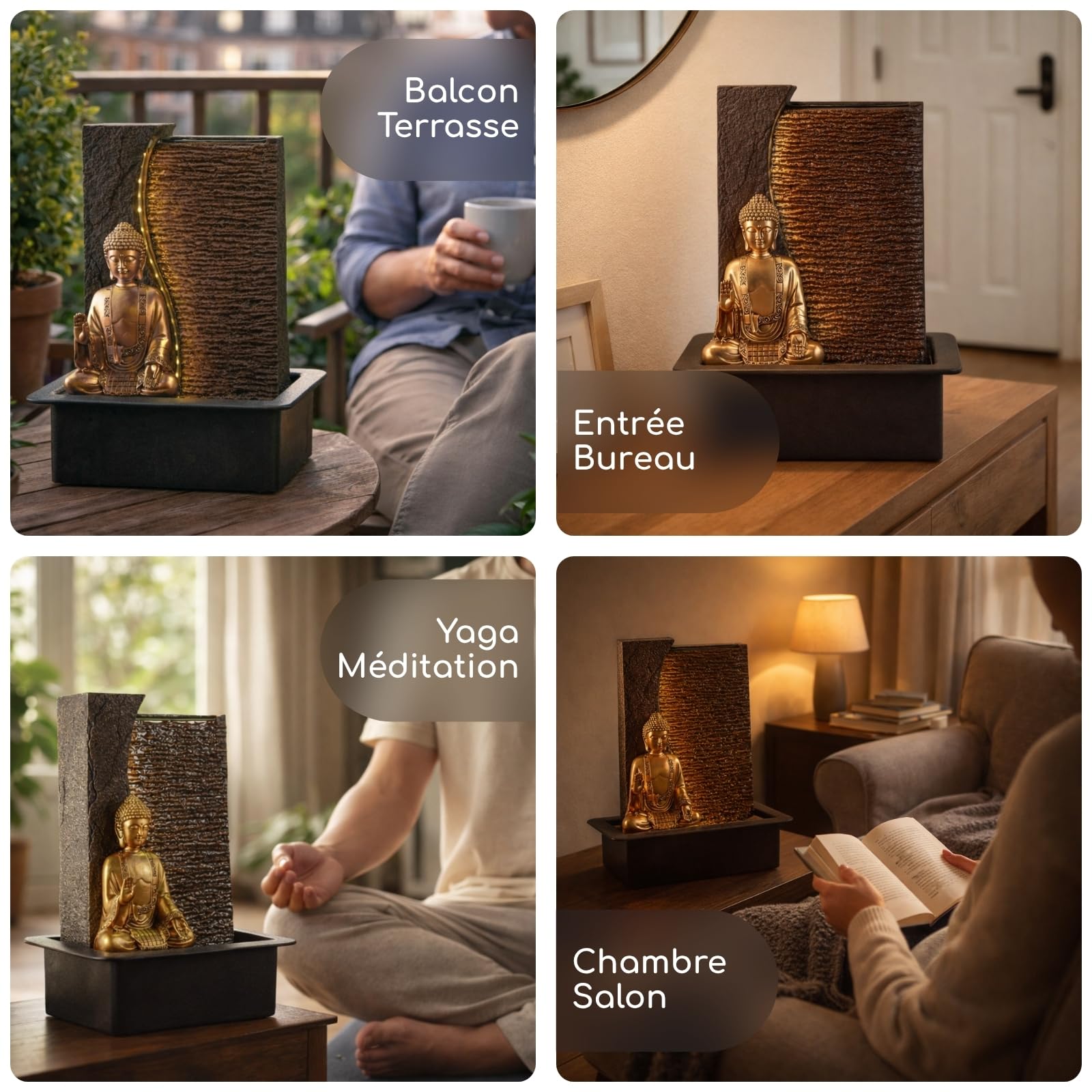 Zen'Light - Fontaine d’Intérieur Bouddha Jati Amovible avec Bandeau LED Jaune - Décor Zen Idéal Méditation et Détente - Pompe à Eau Silencieuse - Fontaine Porte-Bonheur au Circuit Fermé - H 40cm