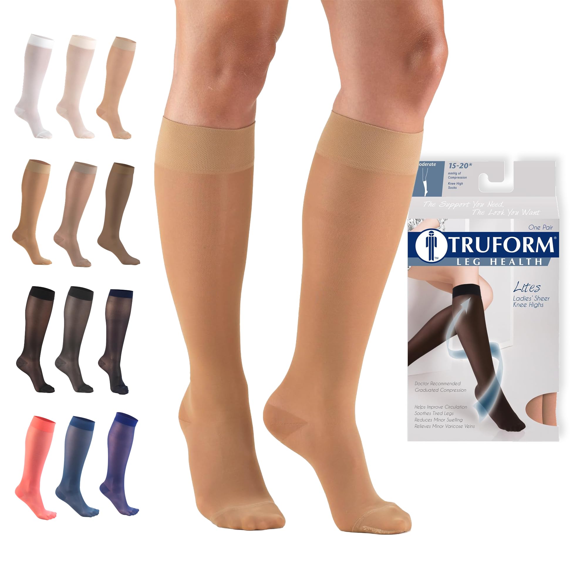 Truform Sheer Compression Stockings, 15-20 mmHg, Women's Knee High Length, 20 Denier, Beige, 3X-Large