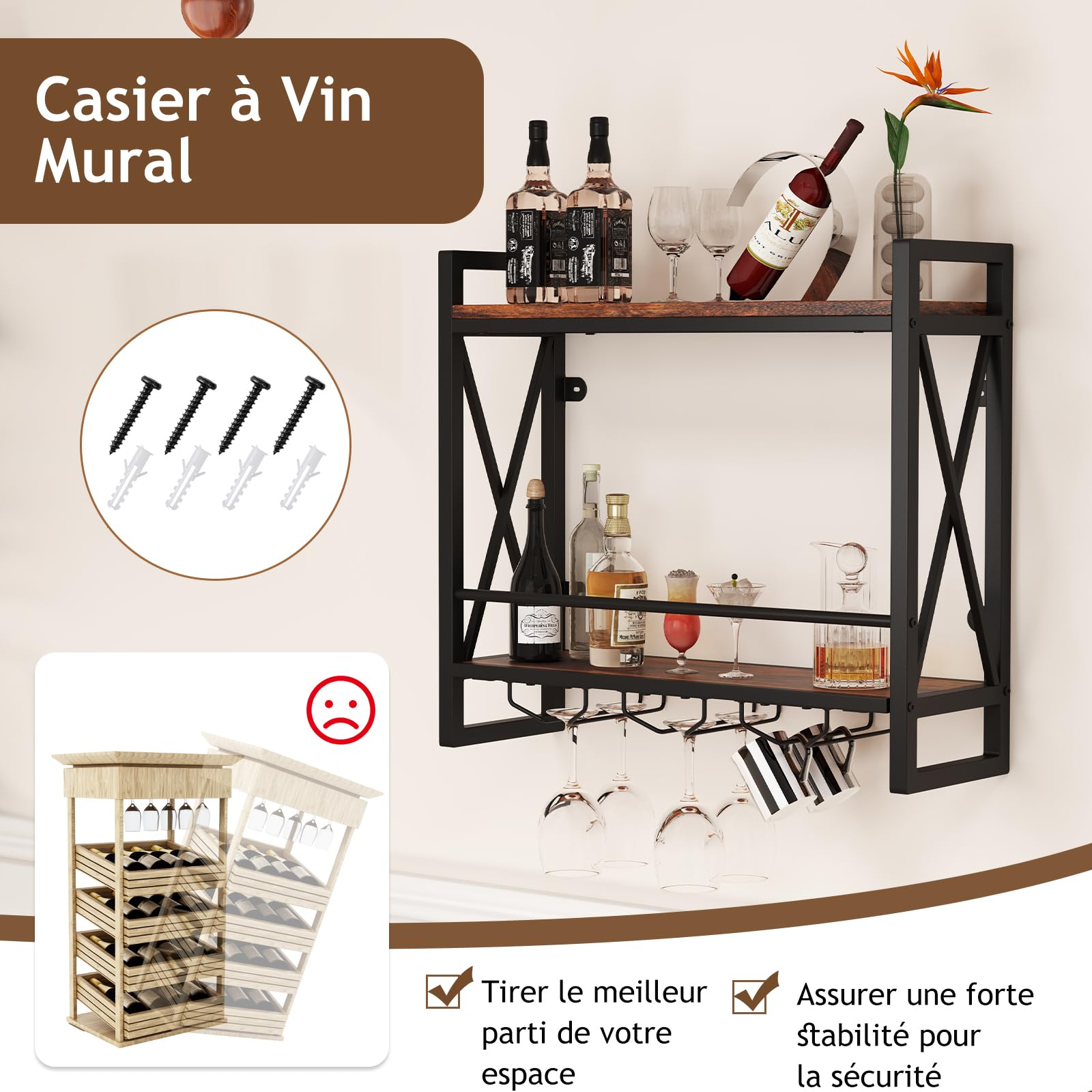 GOPLUS Étagère à Vin Murale, 2 Niveaux pour 14 Bouteilles, 9 Porte-Verres à Vin ou 6 Tasses, Étagère de Rangement Suspendu pour Bar à Domicile, Salle à Manger, Cuisine, 60x20x55cm