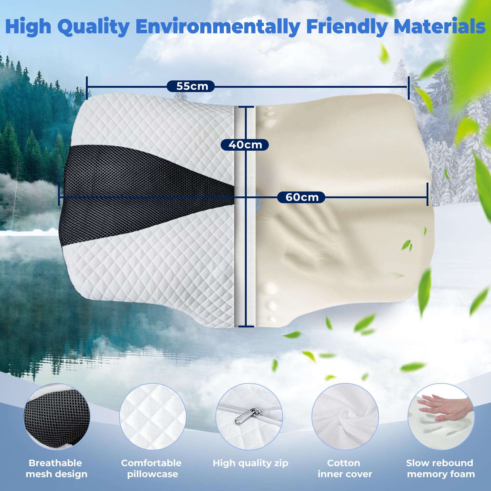 SAHEYER Cuscino Cervicale per Dormire, Cuscino Ortopedico in Memory Foam, Cuscini Ergonomico Ideale per Chi Dorme di Fianco, sulla Schiena o sulla Pancia, 60 x 40 x 13/11cm