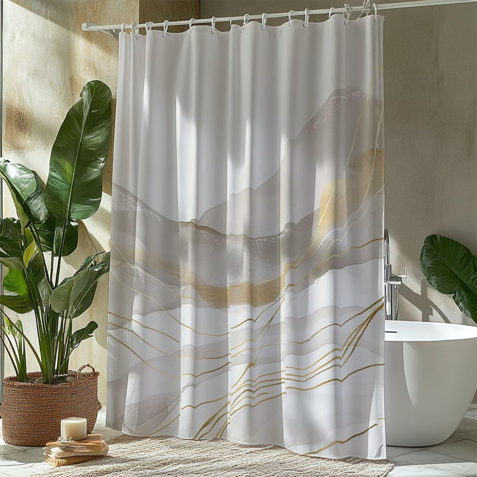 Duschvorhang Überlänge 300x180cm,Grau Duschvorhänge Waschbar, Modern Duschvorhang mit Gewicht Polyester Stoff Shower Curtains, mit 12 Plastik Duschvorhangringen für Badewanne und Bad Deko GJ-967