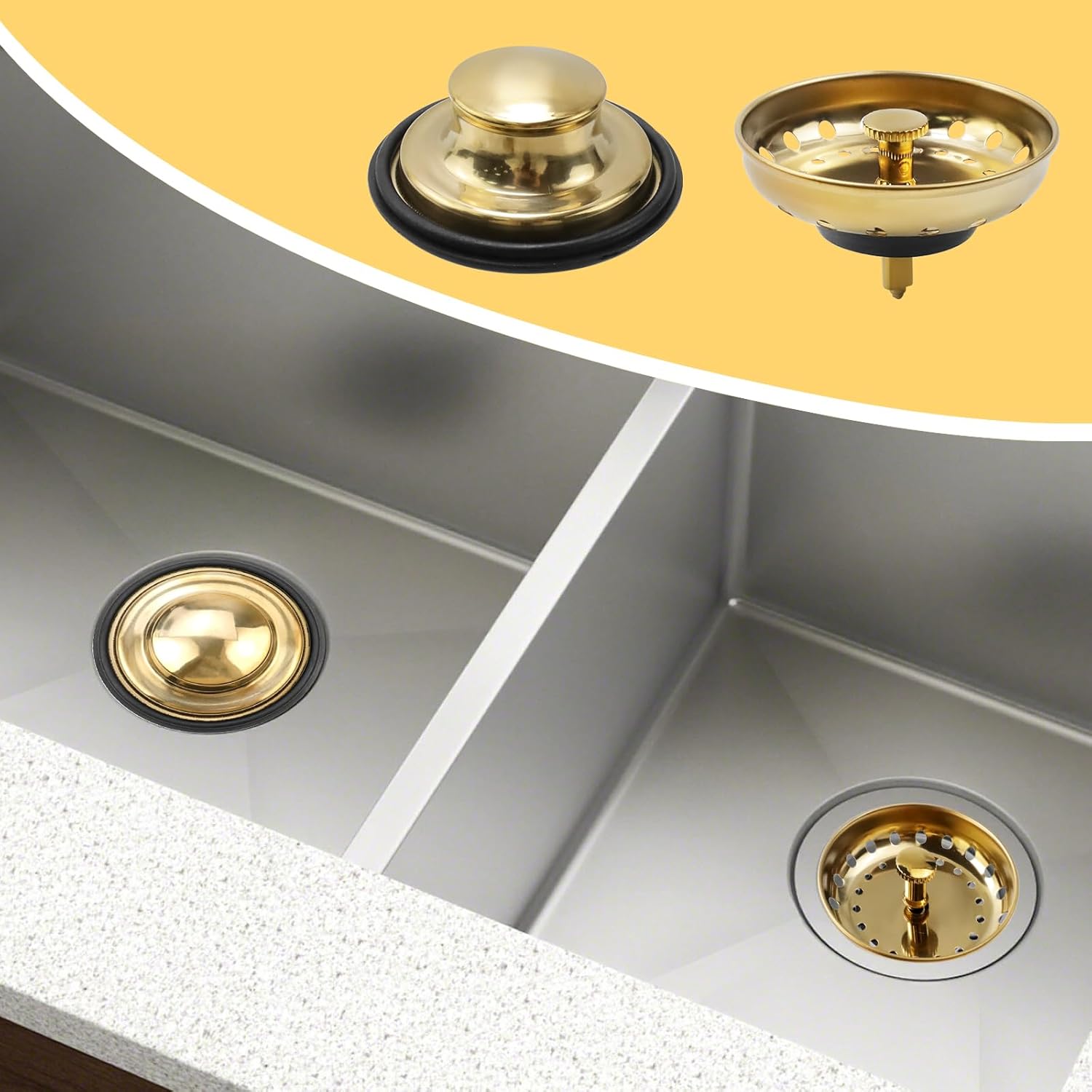 Antrader Kitchen Sink Drain Strainer and Stopper Gold,Stainless Steel Kitchen Sink Drain Strainer Basket and Stopper Gold Kitchen Sink Drain Strainer Kitchen Sink Stopper Kit Basket,3Pcs Set