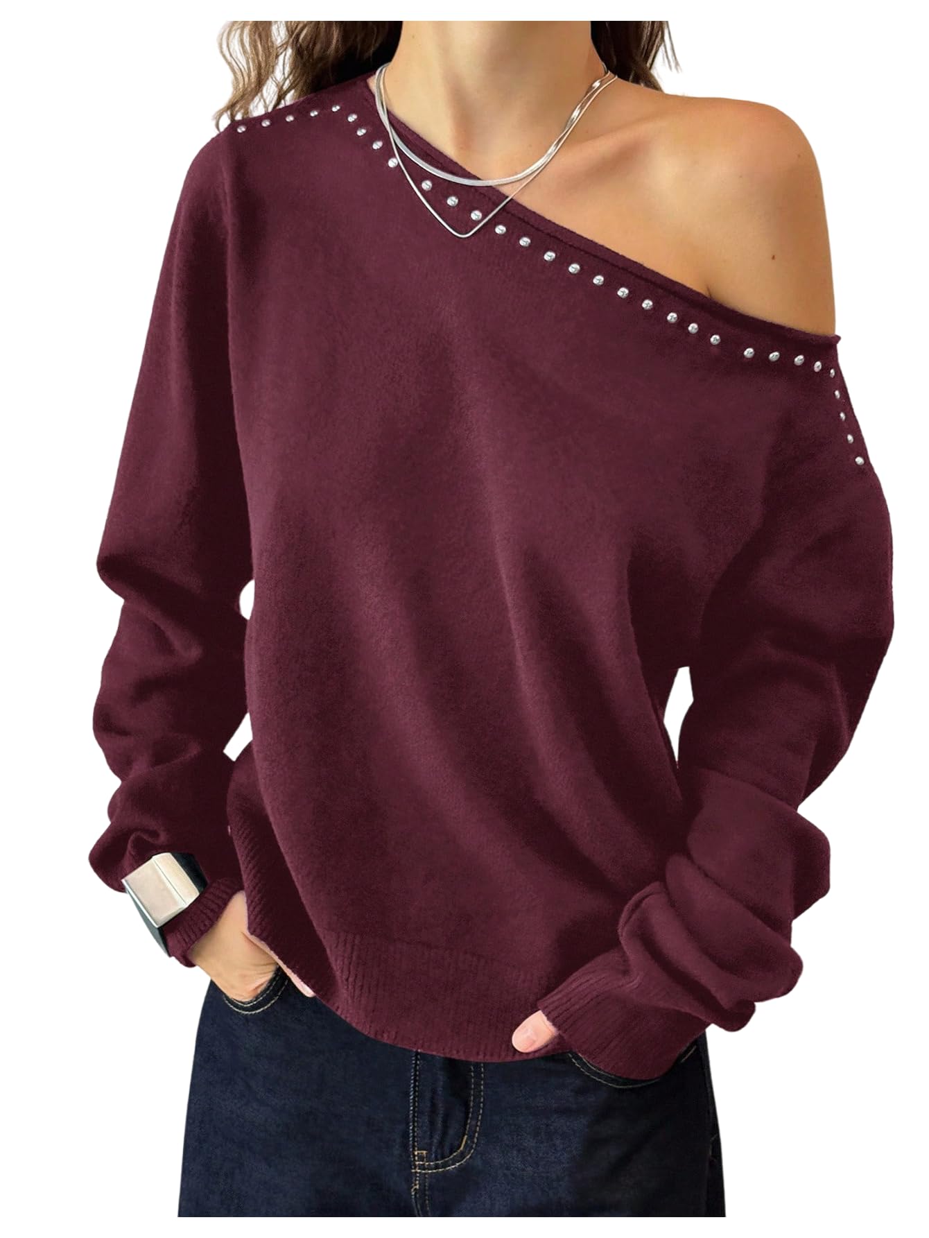 SOLY HUX Womens Off The Shoulder Sweaters Long Sleeve Asymmetrical Neck Knit Top Fall Clothes