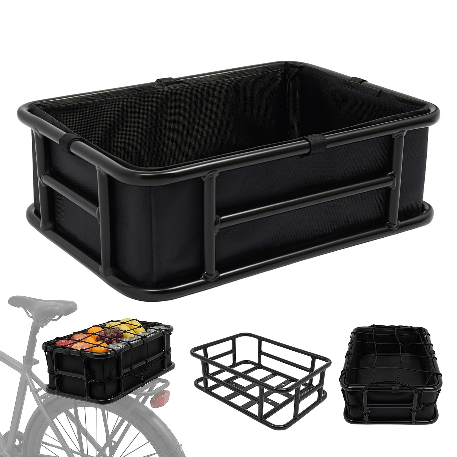 Grand panier de vélo arrière en métal jusqu'à 70 kg, avec fixation, filet et doublure intérieure Oxford, pour vélo électrique et vélo, convient pour chien et rangement, 45,6 x 32 x 15 cm
