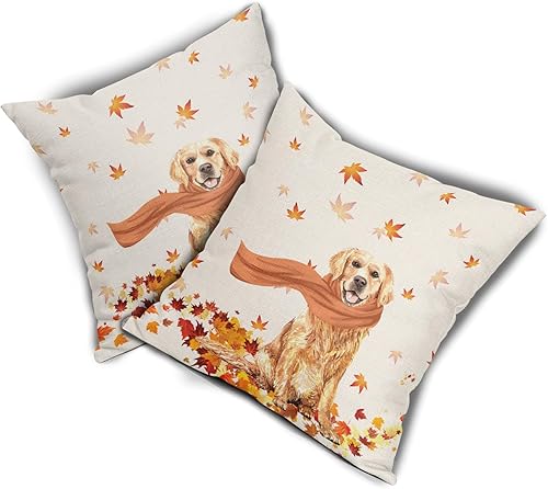 Miniatura 2 de Golden Retriever - Funda de almohada de otoño con diseño de hojas de arce para perro, diseño de casa de campo, diseño moderno de Acción de Gracias,