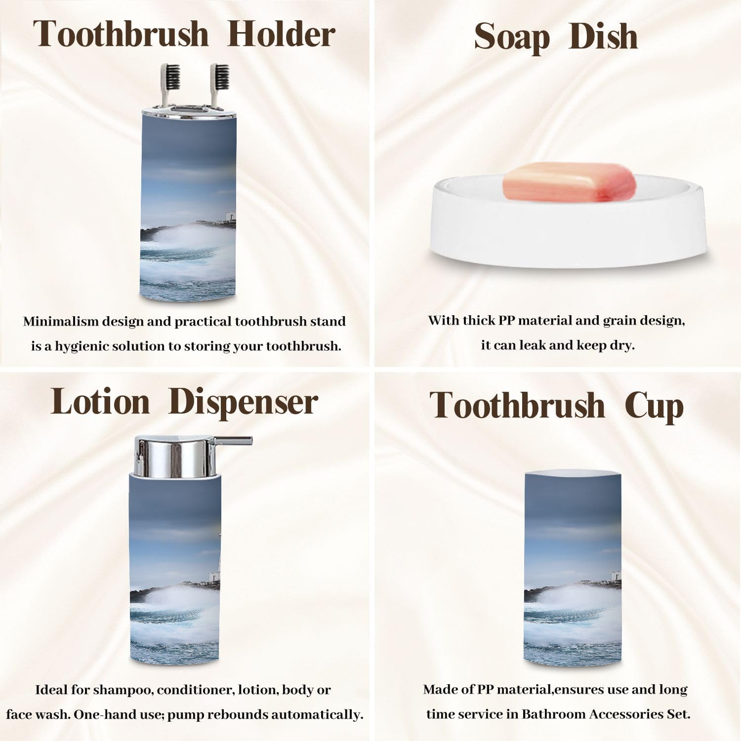 Bathroom Accessory Set 6 Piece White Lighthouse Cliff Trash can, Toothbrush Holder, Soap Dispenser, Soap Dish, Toothbrush Cup, Toilet Brush Holder