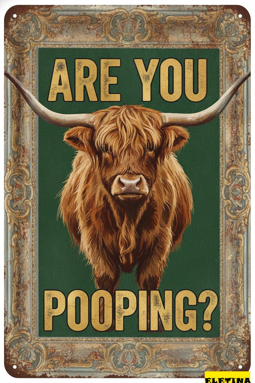 Personalized Sign for Man Cave Vintage Highland Cow Tin Funny Are You Pooping Bathroom Wall Decor Western Highland Cow Lovers Home Office Bedroom Living Room 8 X 12 Inch Private Property Decorative