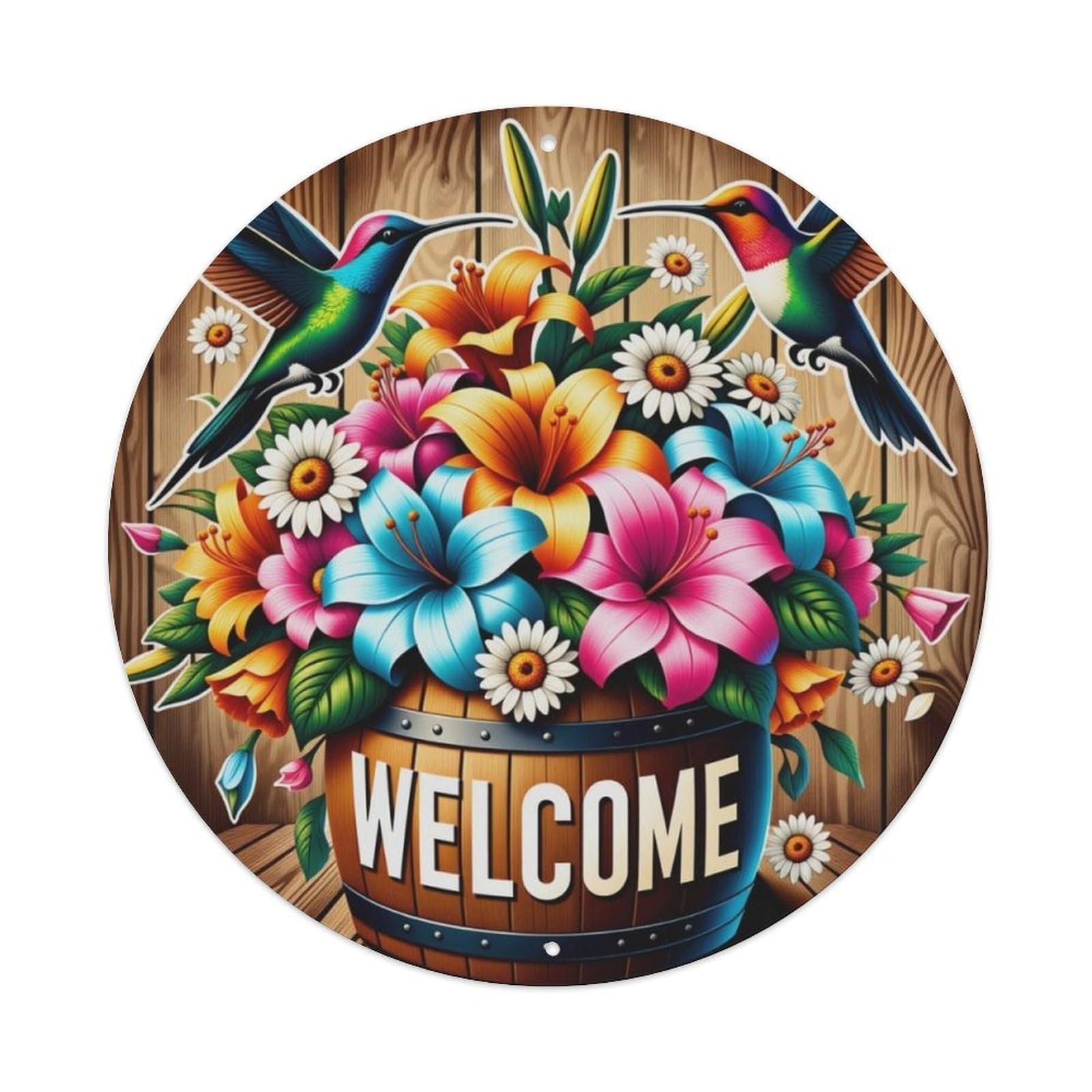Barrel Flowers Hummingbird Farmhouse Welcome Round Sign Vintage Aluminium Metal Sign, Retro Wall Decor for Home, Bar, Garage & Farmhouse 20x20cm