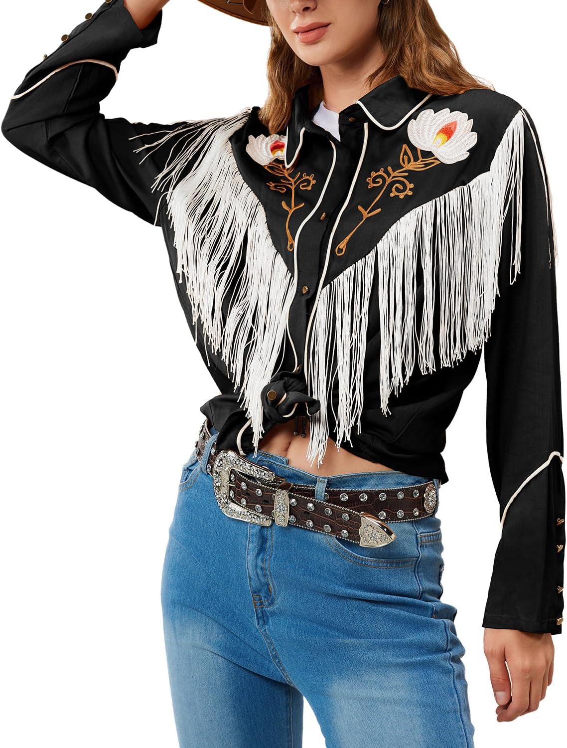 JOHN MOON Women's Floral Embroidered Fringe Western Shirts Rodeo Cowgirl Button Down Blouse Tops Country Style Outfits - Image 3