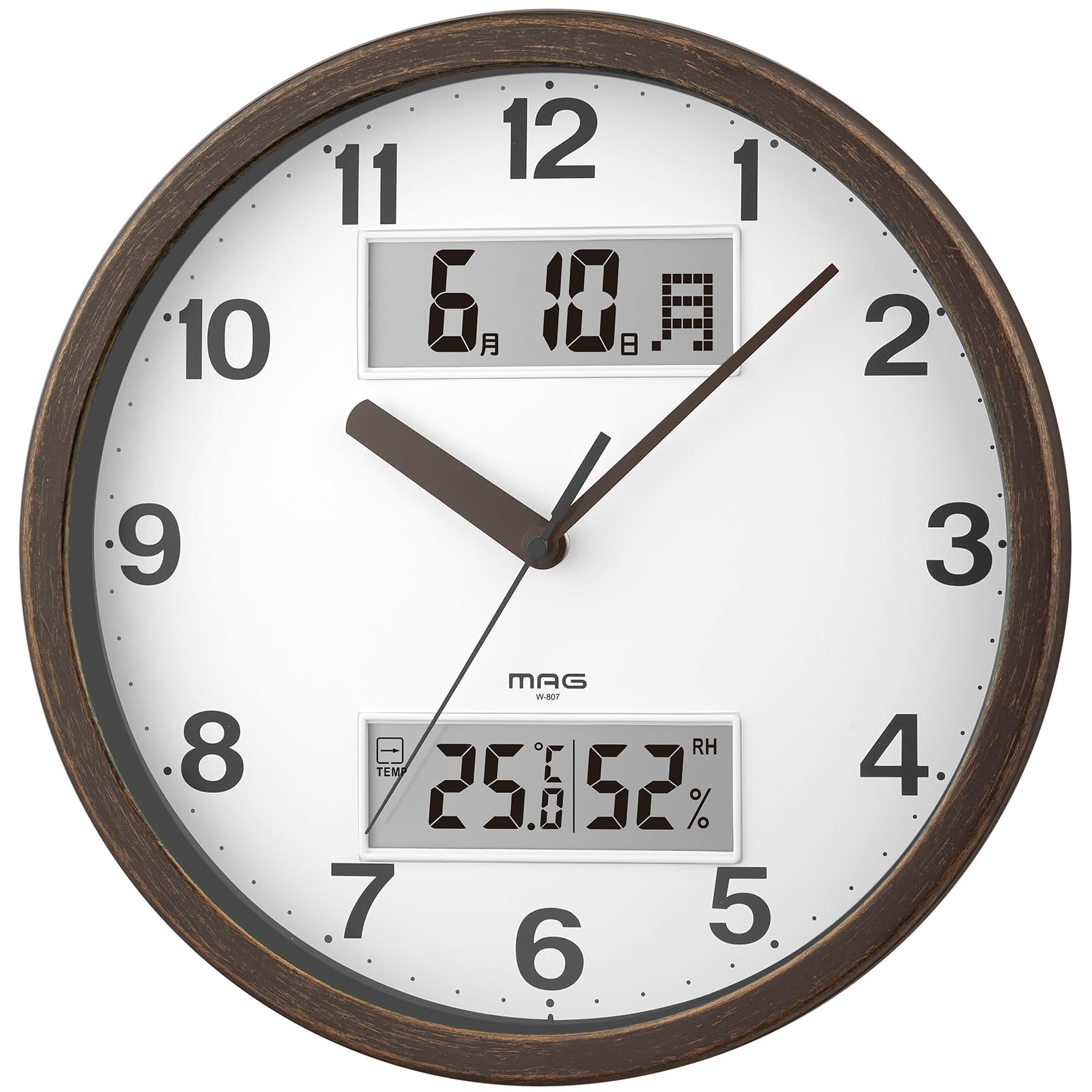MAG(マグ) 掛け時計 壁掛け時計 アナログ おしゃれ インテリア 温度計 湿度計 温湿度計 カレンダー 静音 連続秒針 直径29.0㎝ 木目調 ブラウン ダブルポイント W-807A BR-Z ノア精密