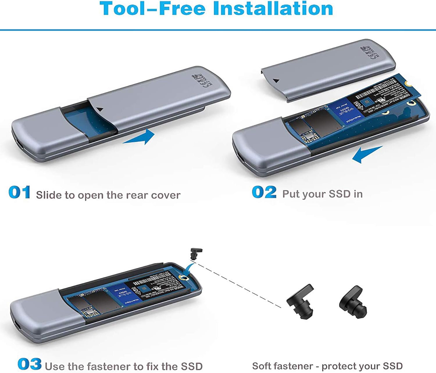 Step-by-step guide for tool-free SSD installation into the enclosure