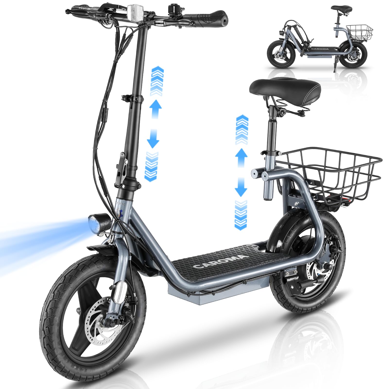 Caroma Electric Scooter with Seat, 560W/819W/1200W Peak Motor, 15/25/30 Miles Range, 20Mph Top Speed, Foldable Electric Scooter for Adults, 14" BigTire E Scooter for Commuting with Shock Absorbing