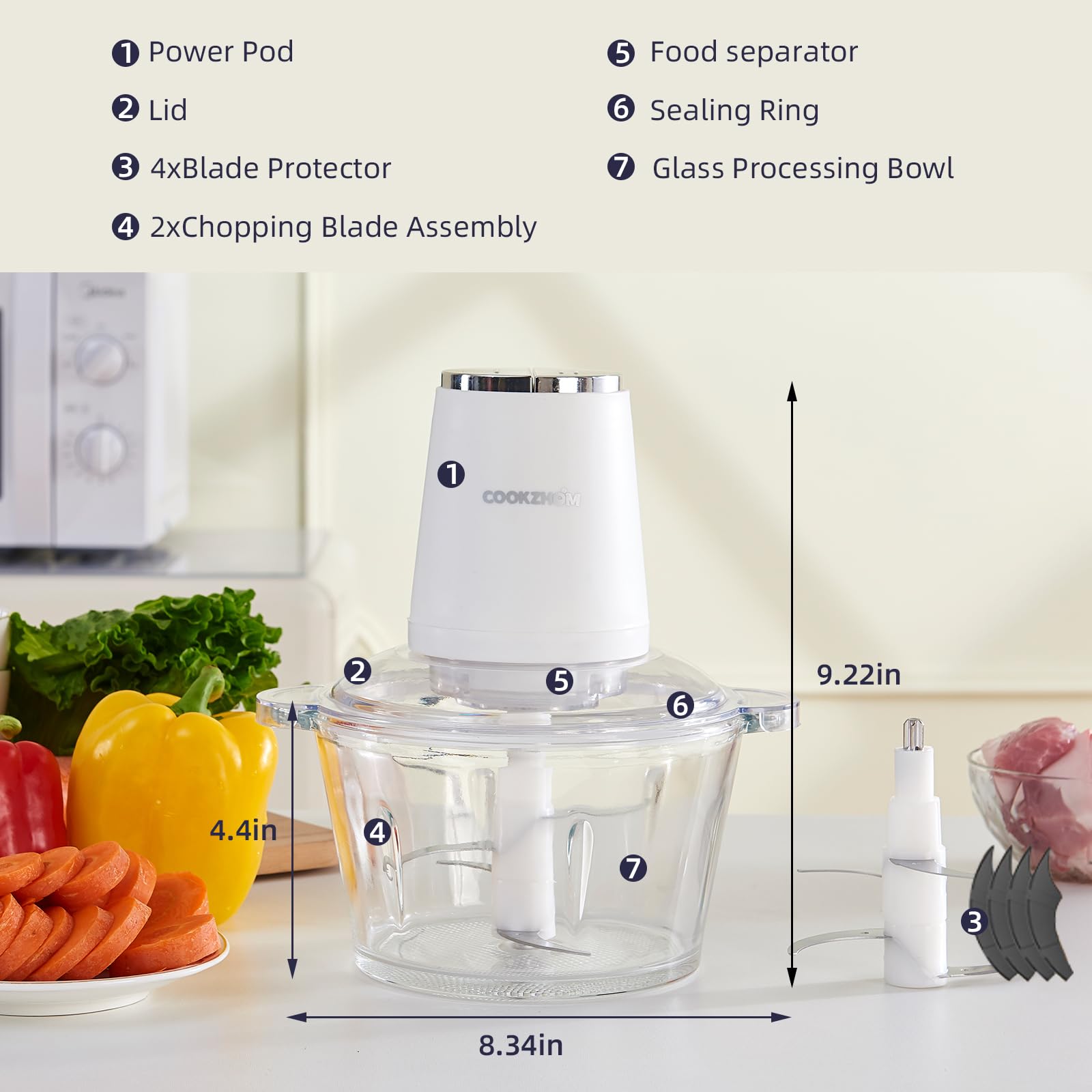 Procesador de alimentos, picadora eléctrica de alimentos con motor de acero inoxidable de 500 W y 4 juegos de cuchillas afiladas, cuenco de vidrio de 8 tazas para carne, verduras, frutas y 8