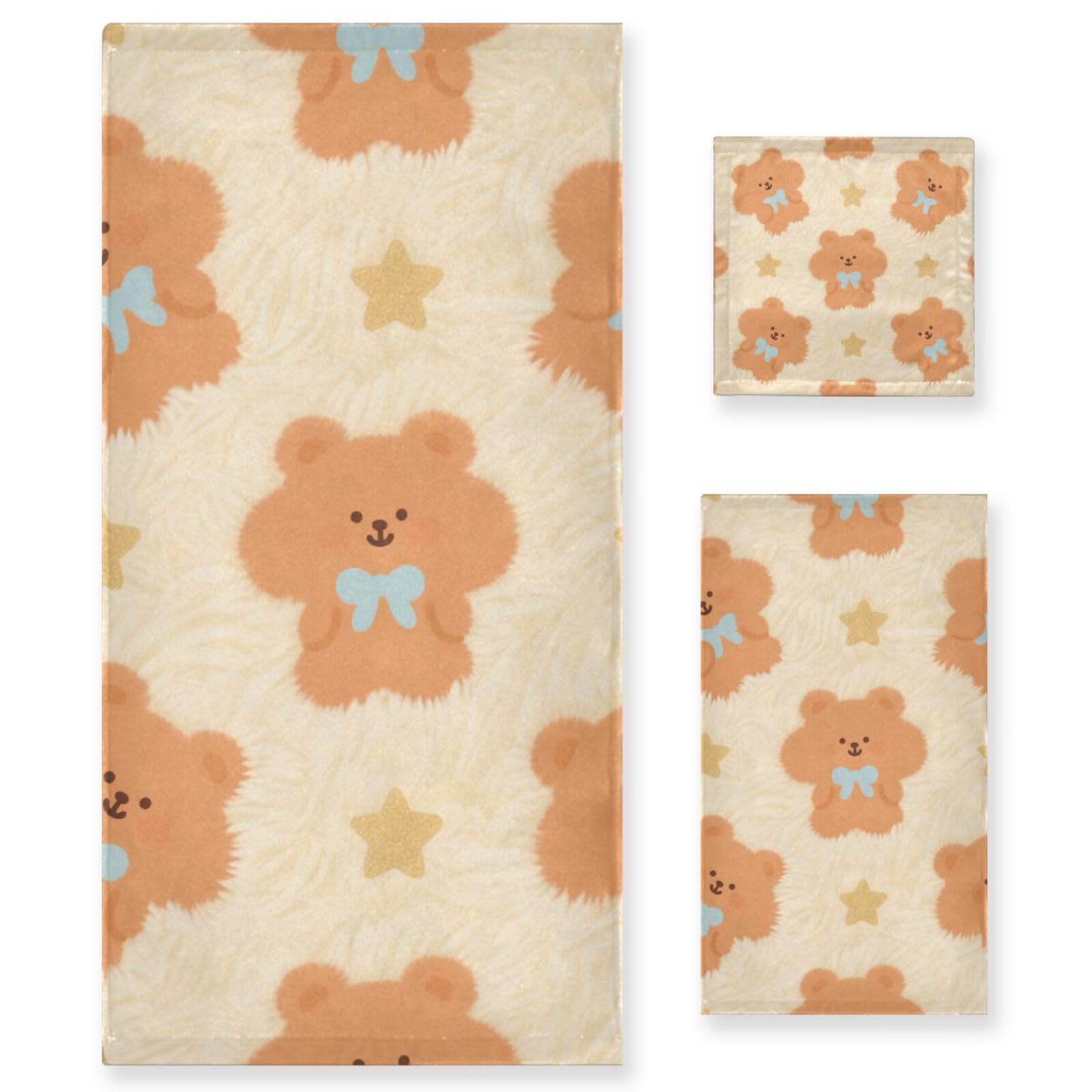 Cartoon-Bär-Duschtuch-Set, 3-teilig, 1 Badetuch, 1 Handtuch, 1 Waschlappen für Körper, Gesicht, Badezimmer